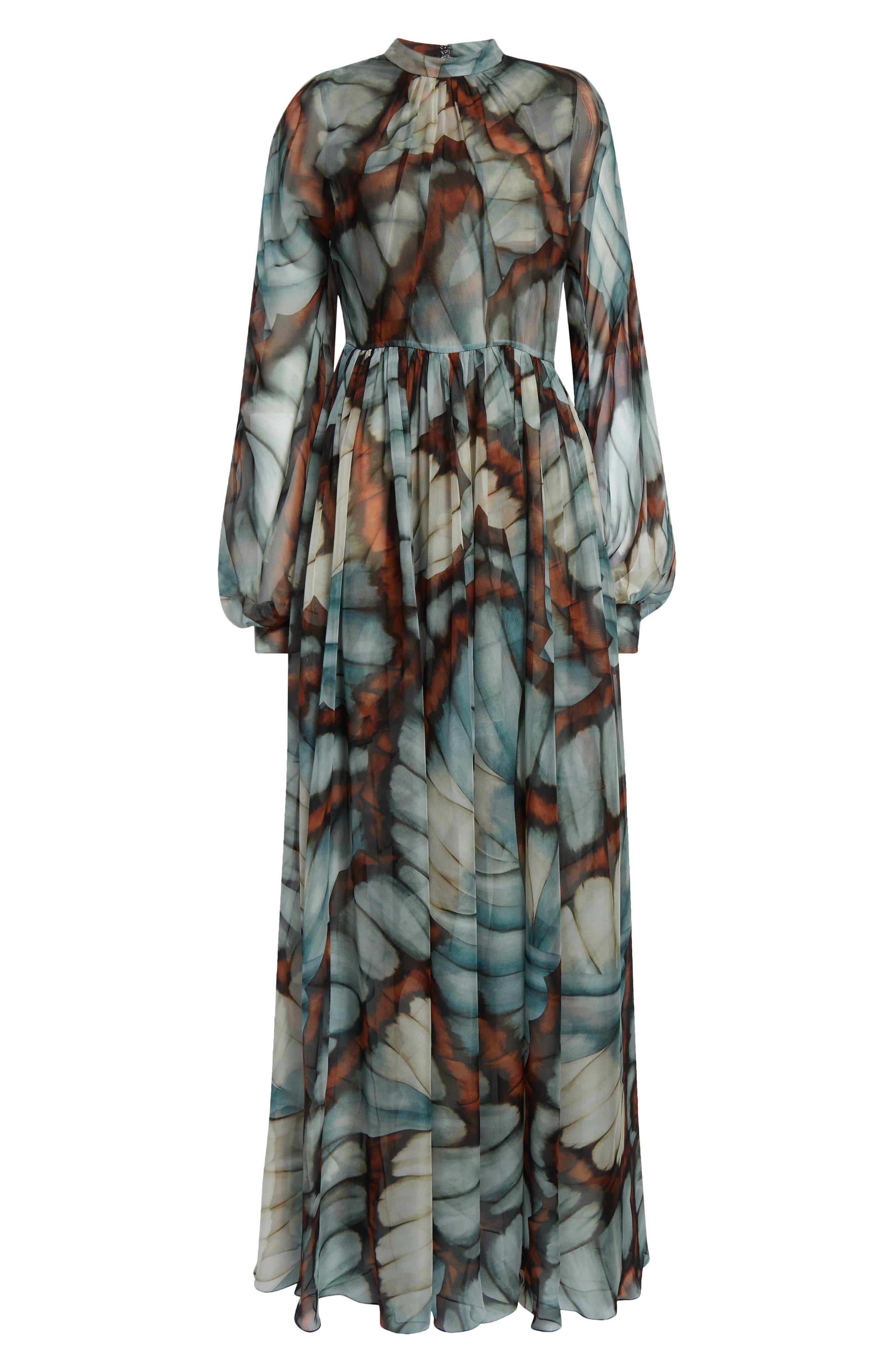 Oscar de la Renta Butterfly Print Long Sleeve Silk Chiffon Gown in Blue Multi at Nordstrom - 5