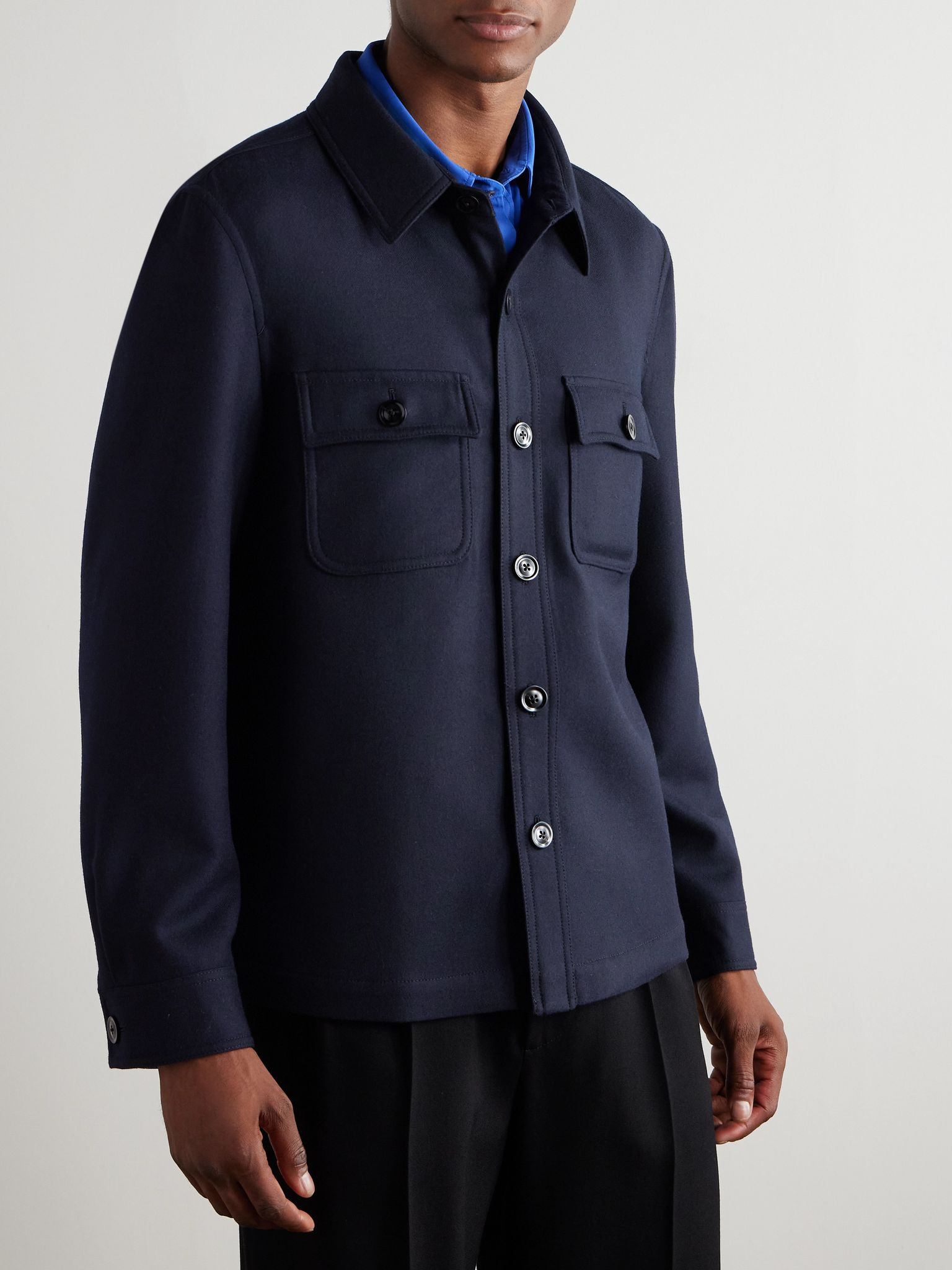 Wool and Silk-Blend Twill Overshirt Navy - 3