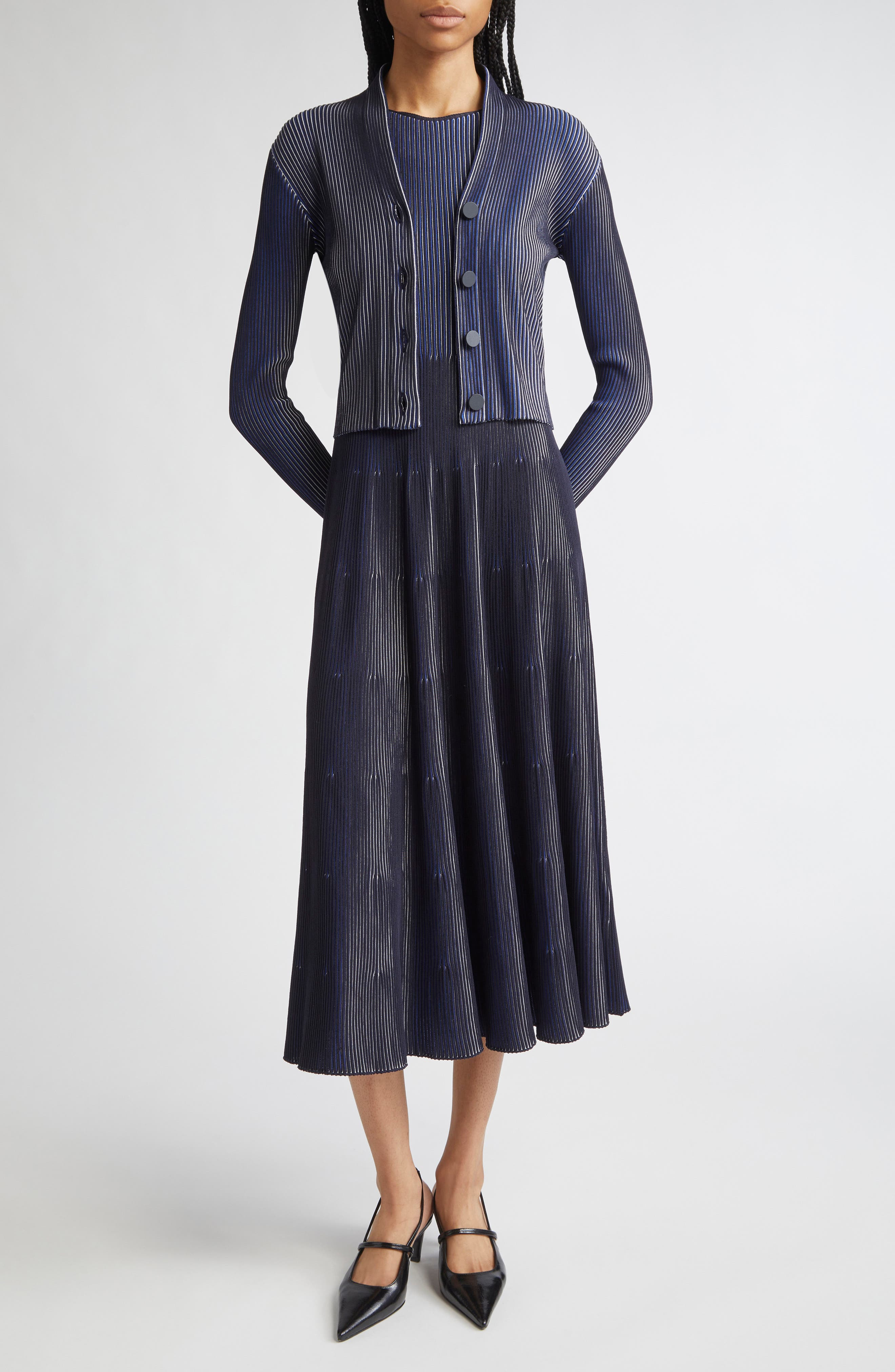 Emporio Armani Stripe Rib Cardigan in Black/Navy at Nordstrom - 2
