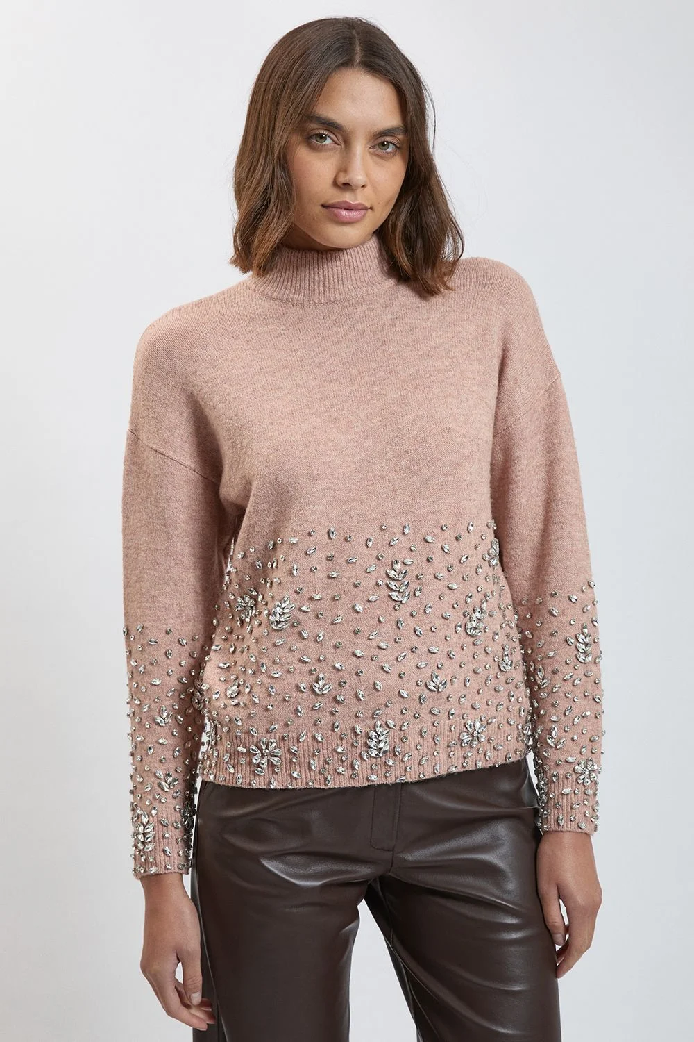 Wool Blend Embellished Cosy Knitted High Neck Jumper - 1