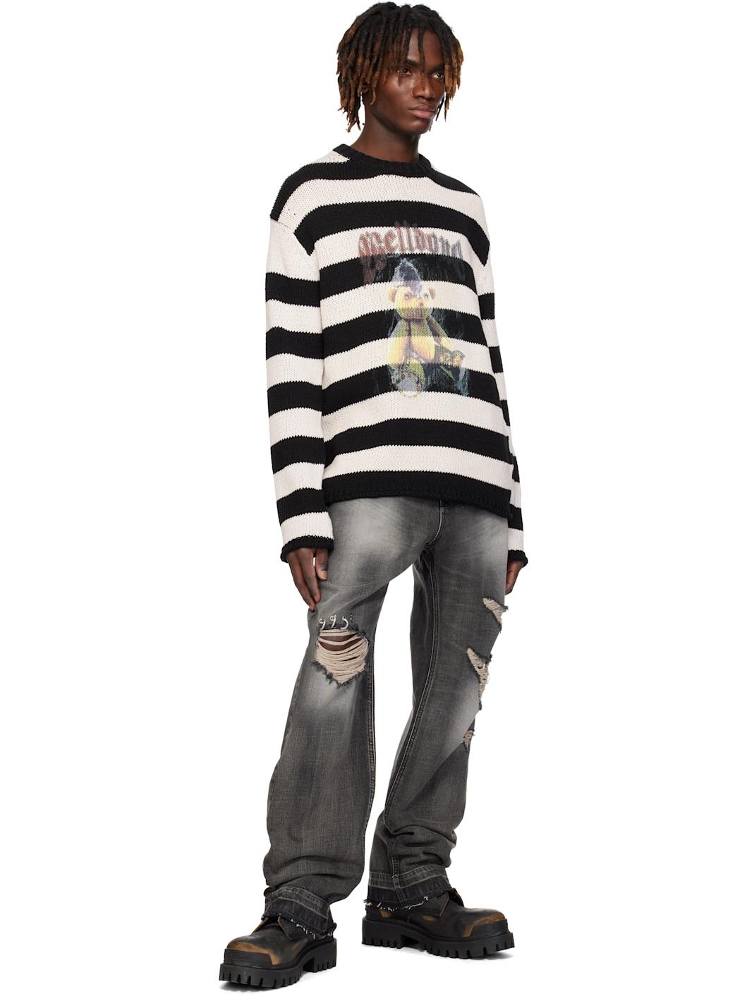 Black & White Punk Teddy Striped Sweater - 4
