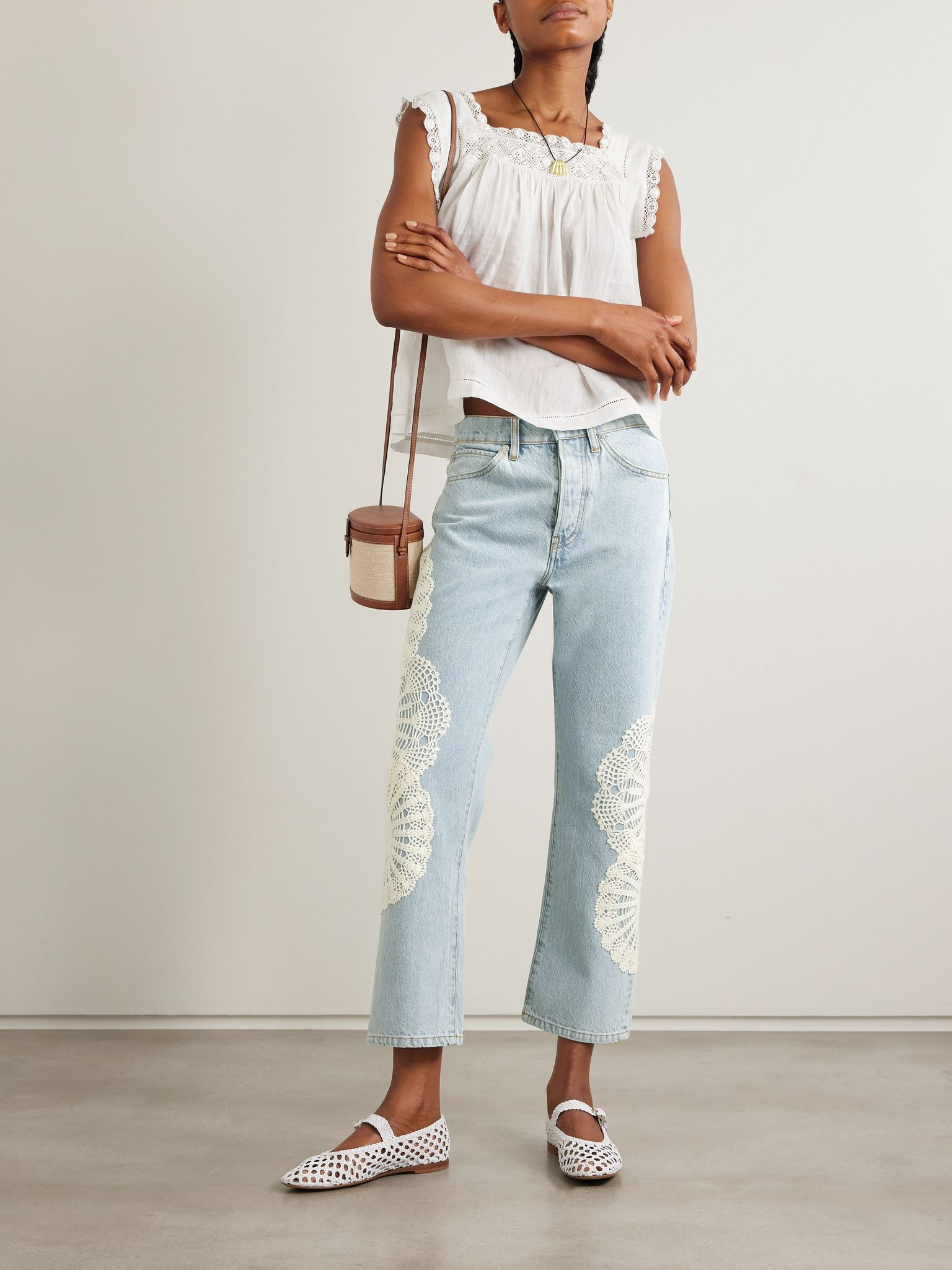 Appliquéd cropped high-rise straight-leg jeans Light denim - 2