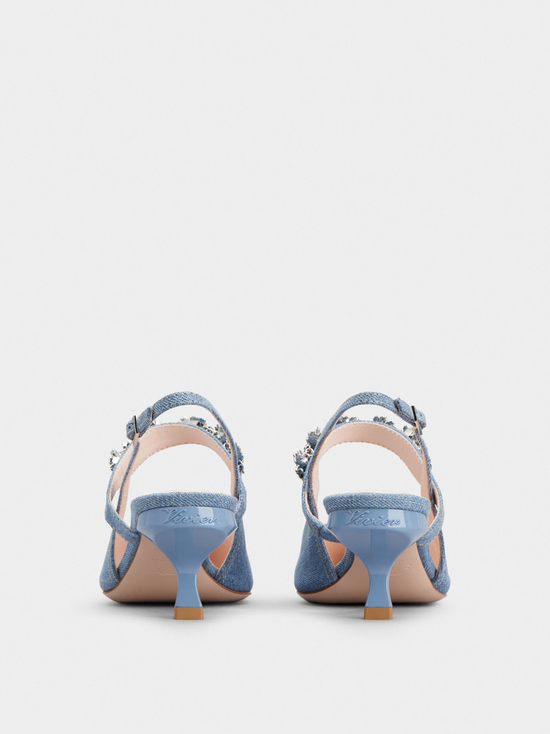 Virgule Flower Slingback Pumps in Denim 5