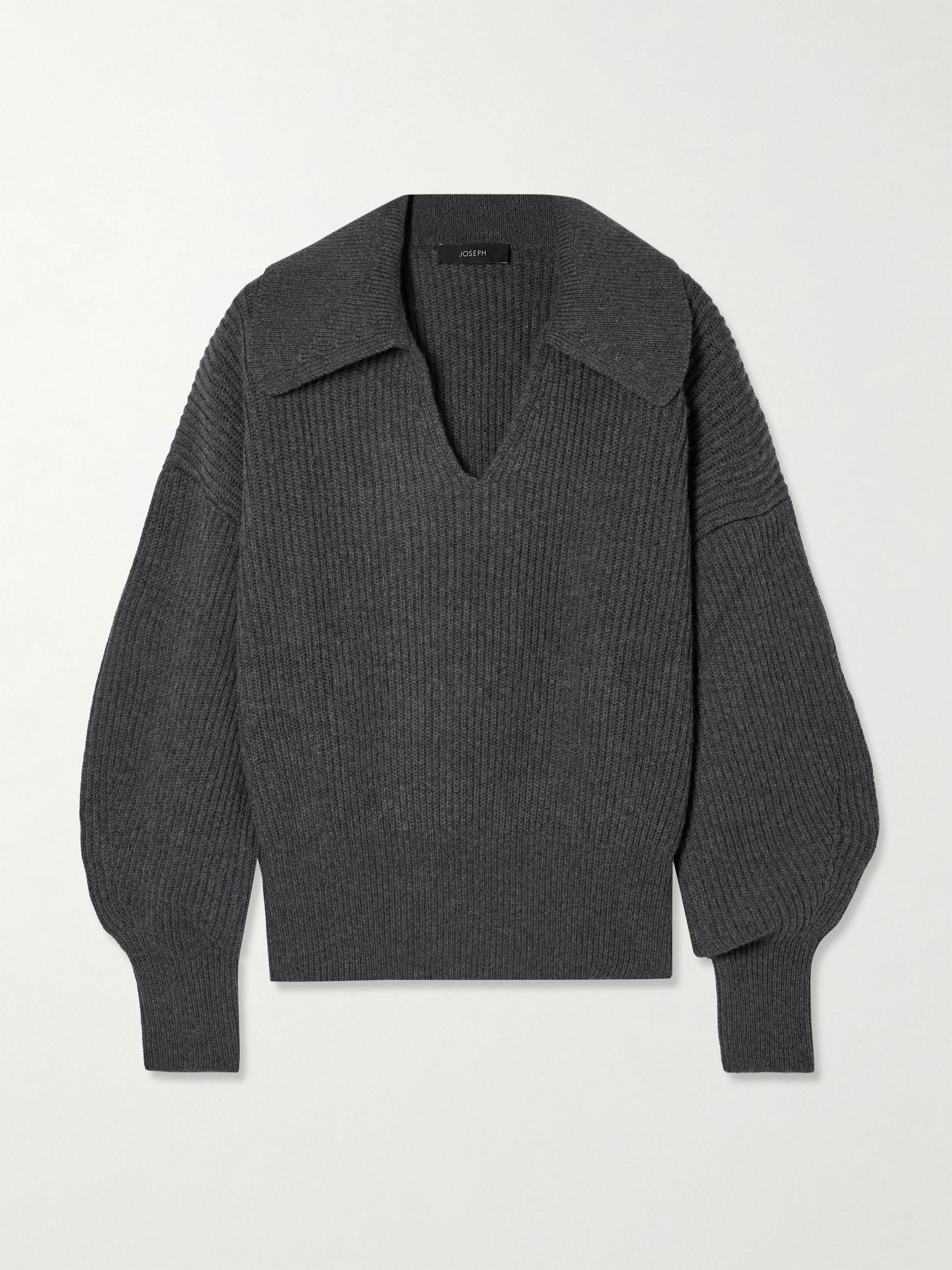 Ribbed wool, silk and cashmere-blend polo sweater Charcoal - 1