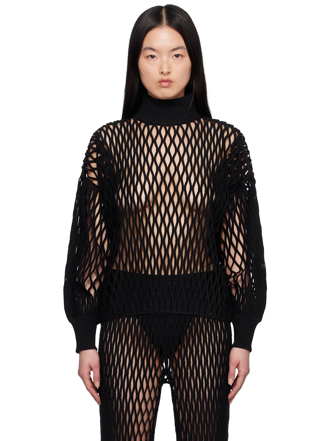 Black Macramé Knit Loose Turtleneck - 1