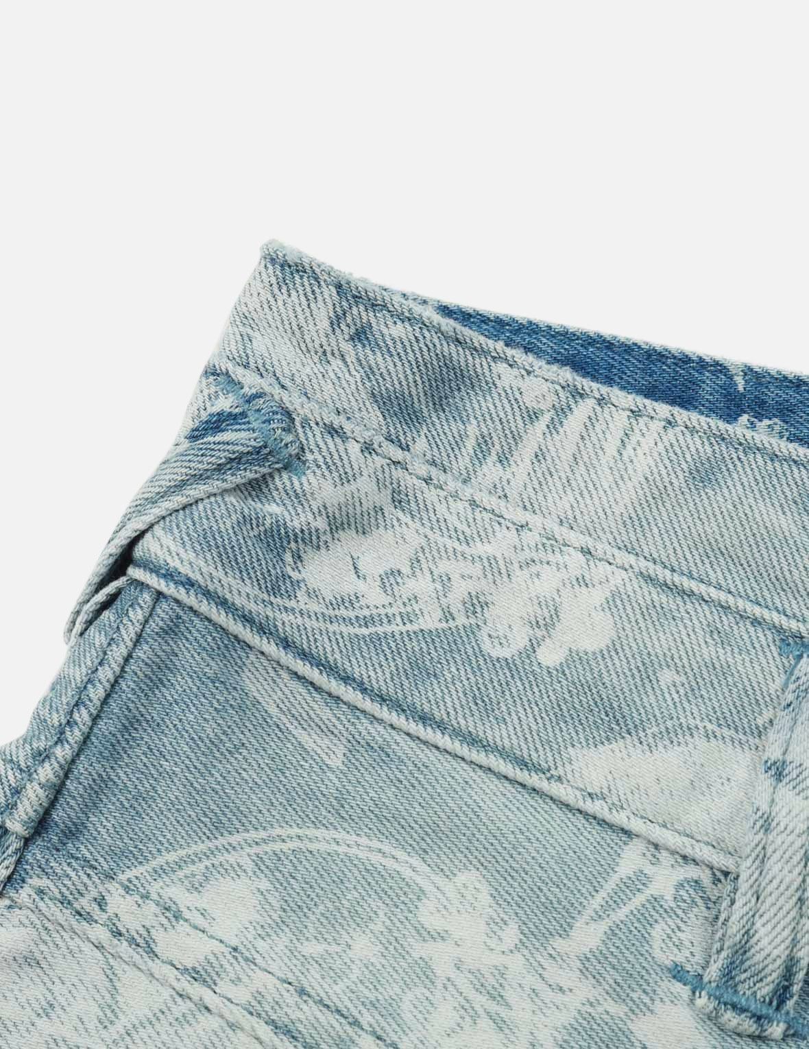 LASER-PRINT ALLOVER PEACOCK DENIM TAPER JEANS - 7