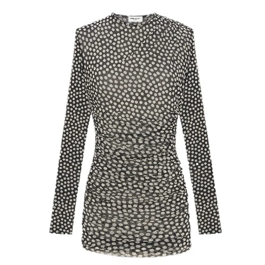 Saint Laurent Womens Black Ruched Long Sleeve Dress - 1