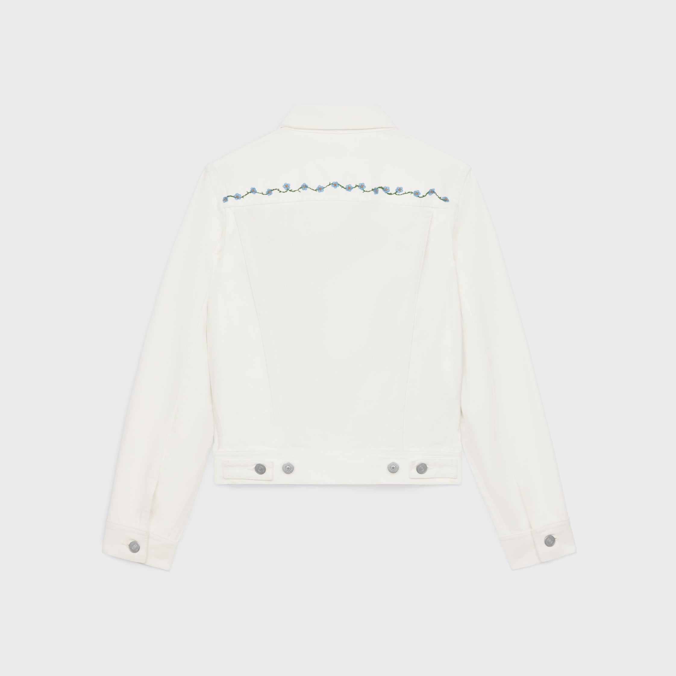embroidered trucker jacket in raw wash white denim - 2