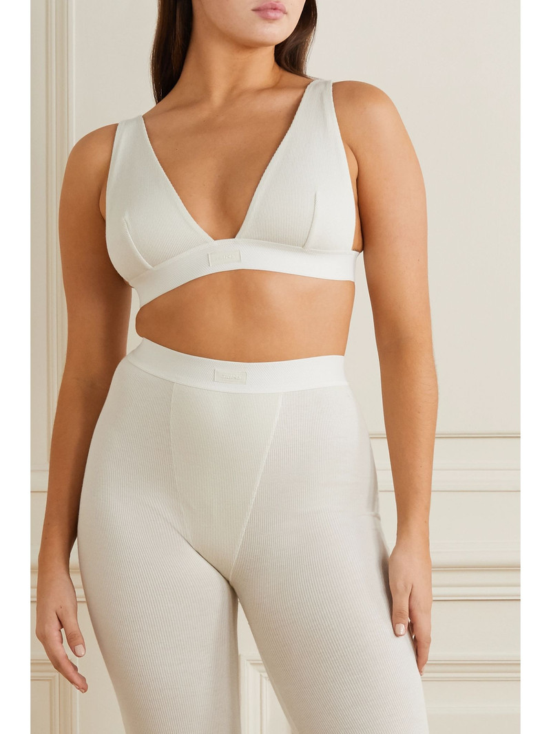 SKIMS Plunge ribbed cotton-blend jersey bralette - Bone White outlook