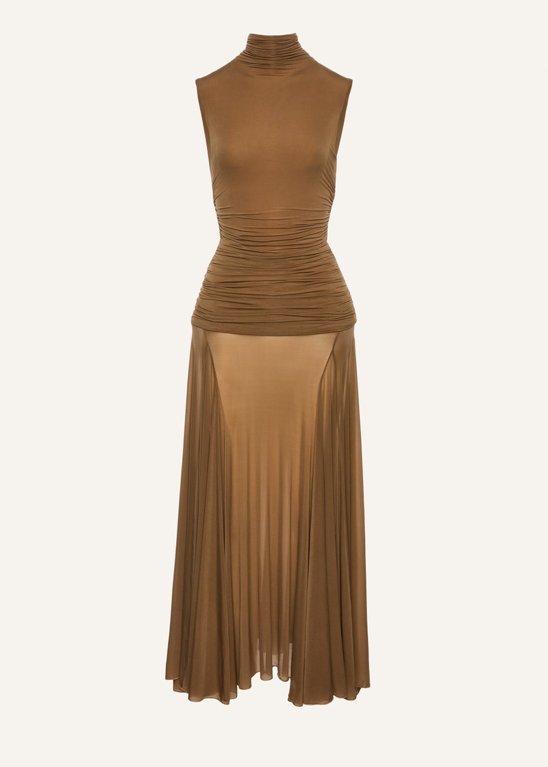 High-neck cupro midi dress in beige 1