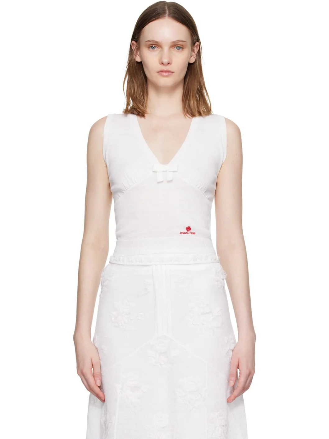 White Bow Detail V-Neck Knit Tank Top - 1