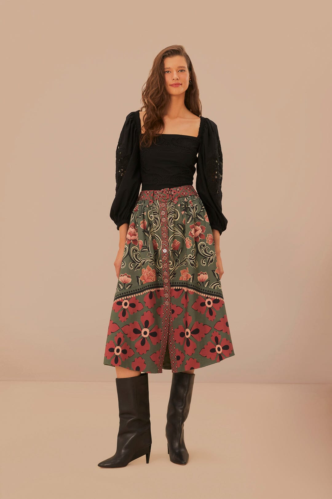 Arabesque Floral Green Buttons Midi Skirt - 1