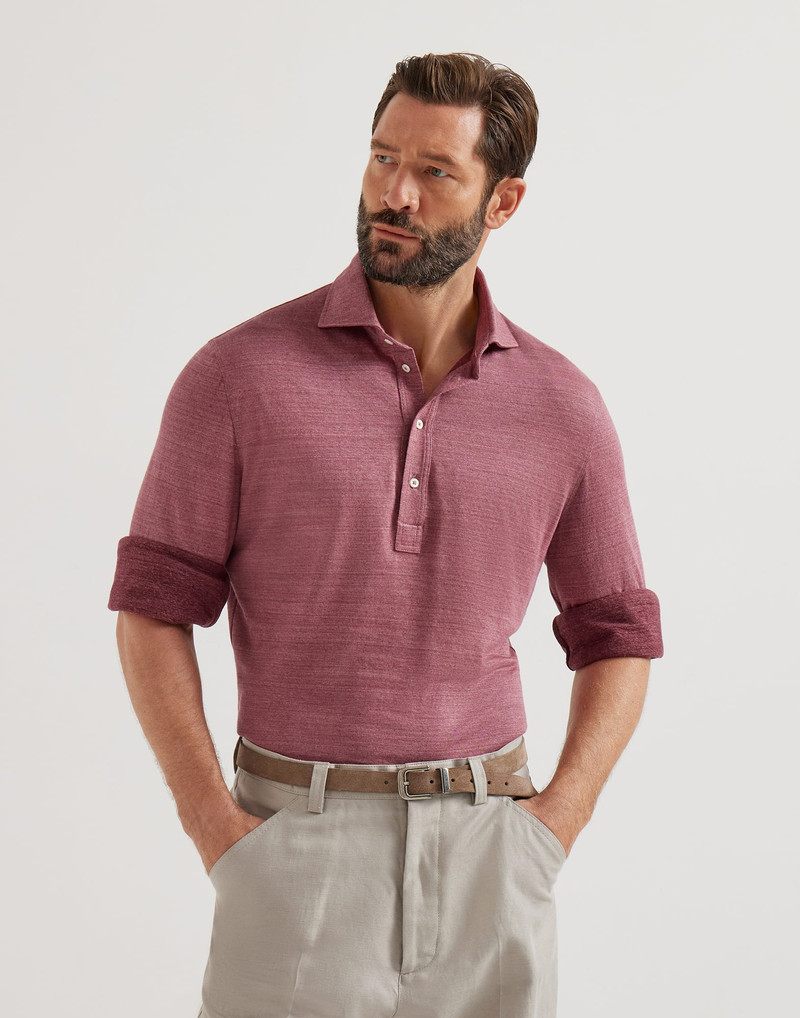 Linen and cotton mélange jersey long sleeve polo with shirt-style collar 5