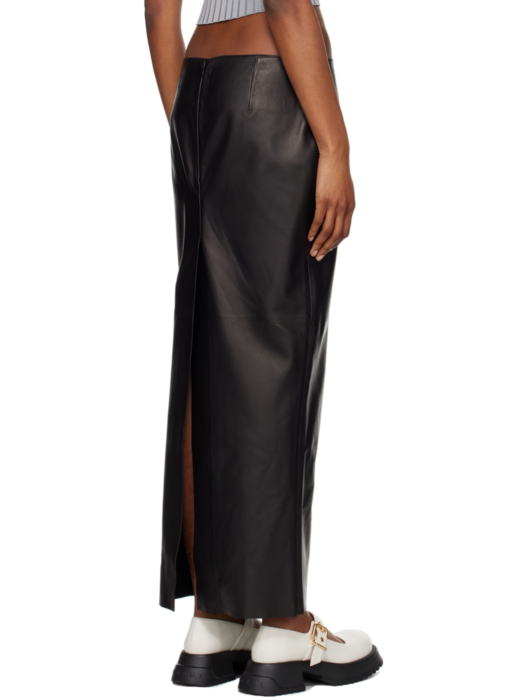 Black Slit Leather Maxi Skirt - 3