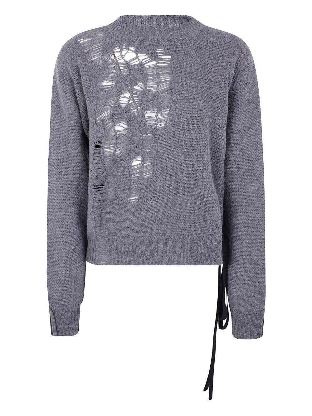 Ann Demeulemeester Women "Gabriela" Destroyed Seed Stitch Crew Neck Sweater With Drawstrings - 4