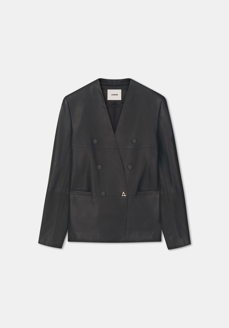 LILITH Collarless double breasted boxy leather blazer 1