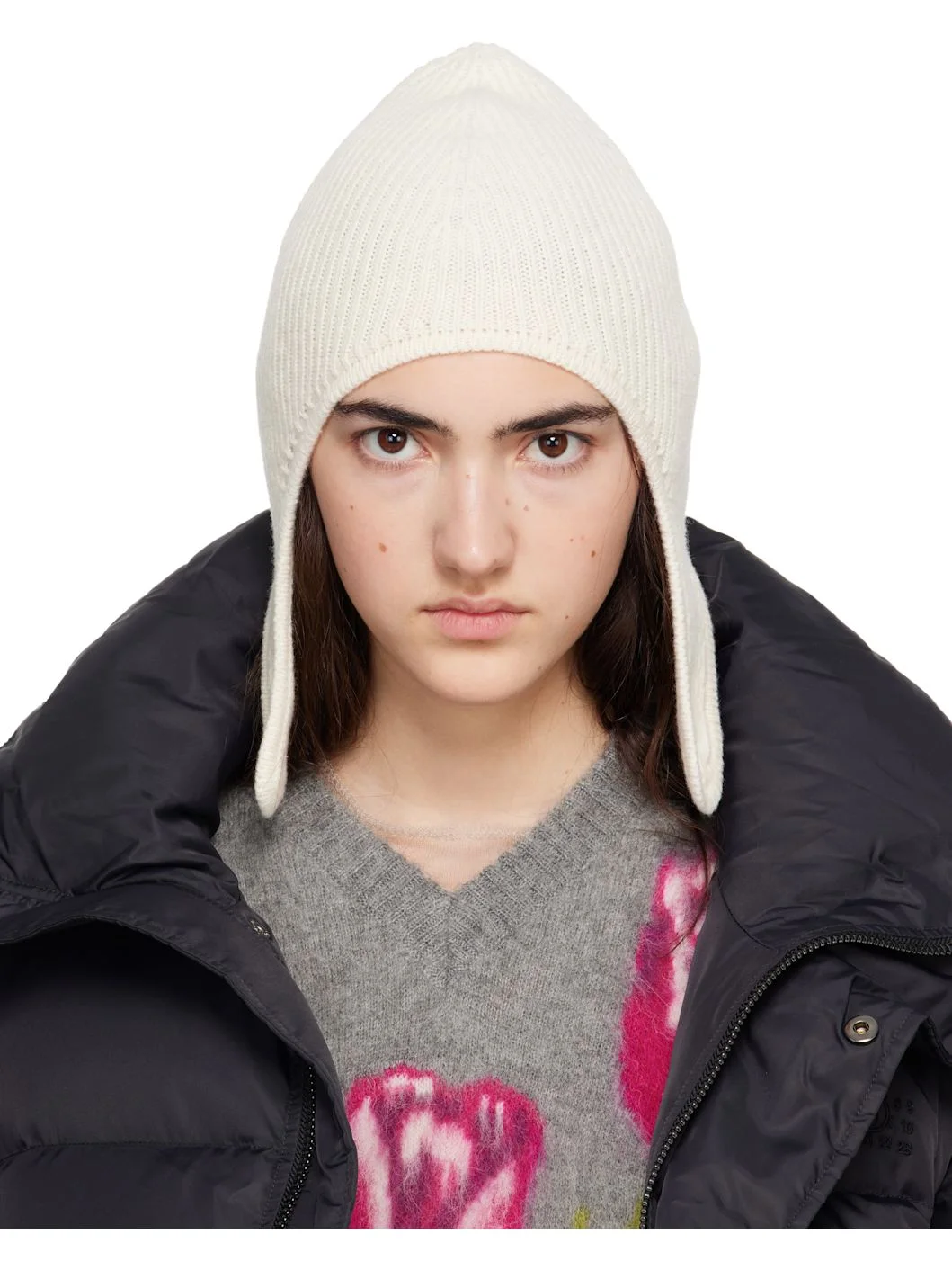 Off-White Ribbed Aviator Beanie - 1