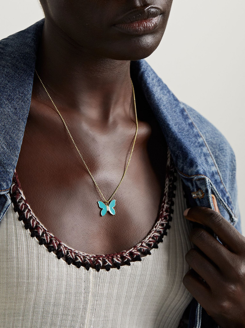 SYDNEY EVAN Butterfly 14-karat gold, enamel and diamond necklace Turquoise outlook