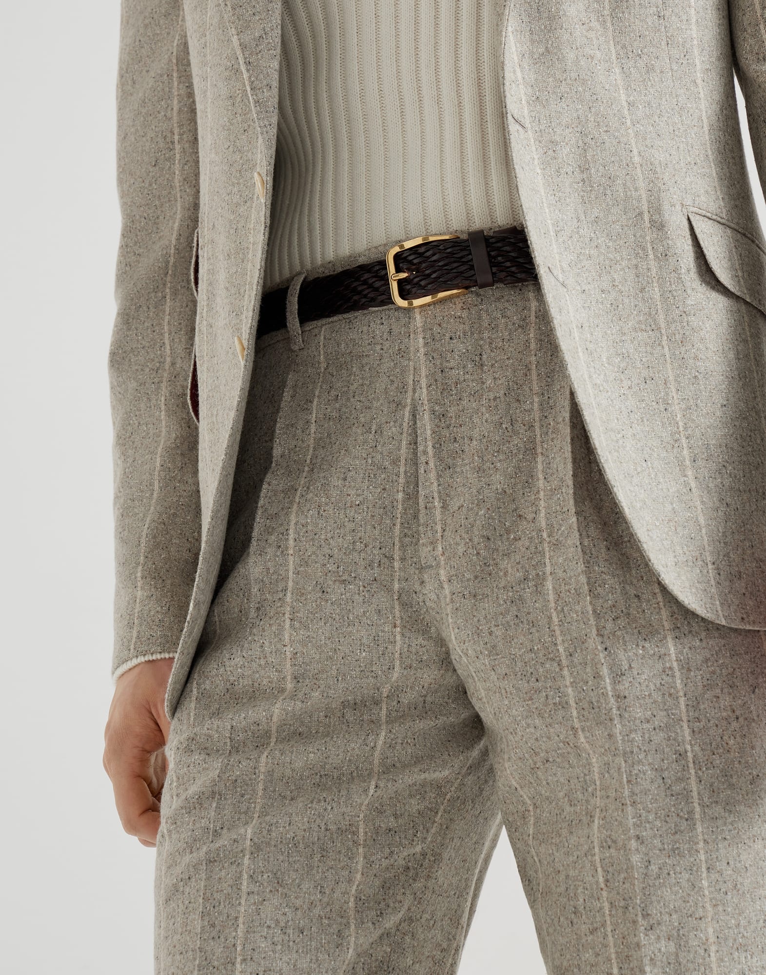 Silk, wool and cashmere flecked chalk stripe flannel leisure fit trousers with pleat - 3