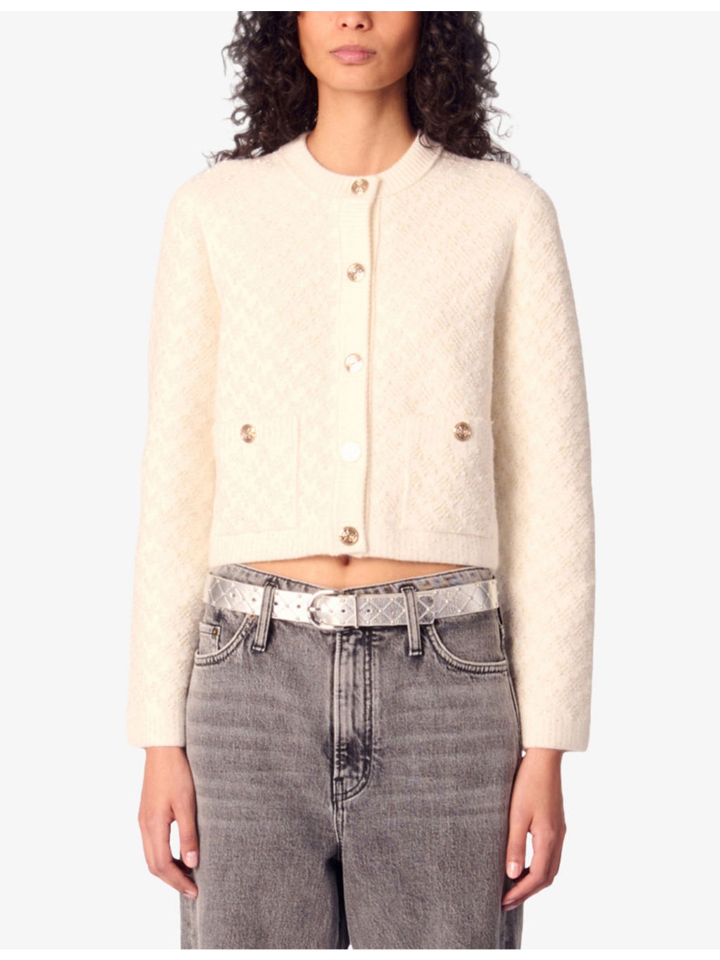 Tweed-Pattern Cropped Knitted Cardigan - 3