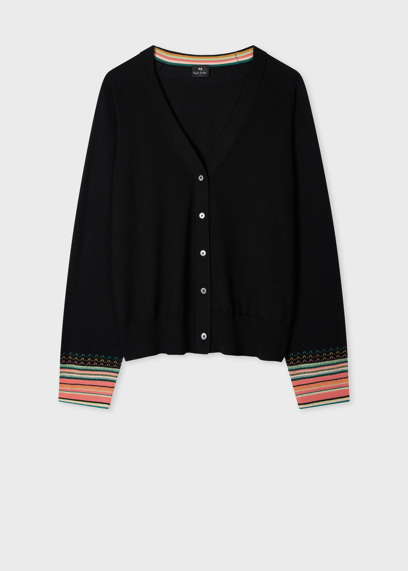 Women's Black Knitted Cardigan with Striped Cuffs 1