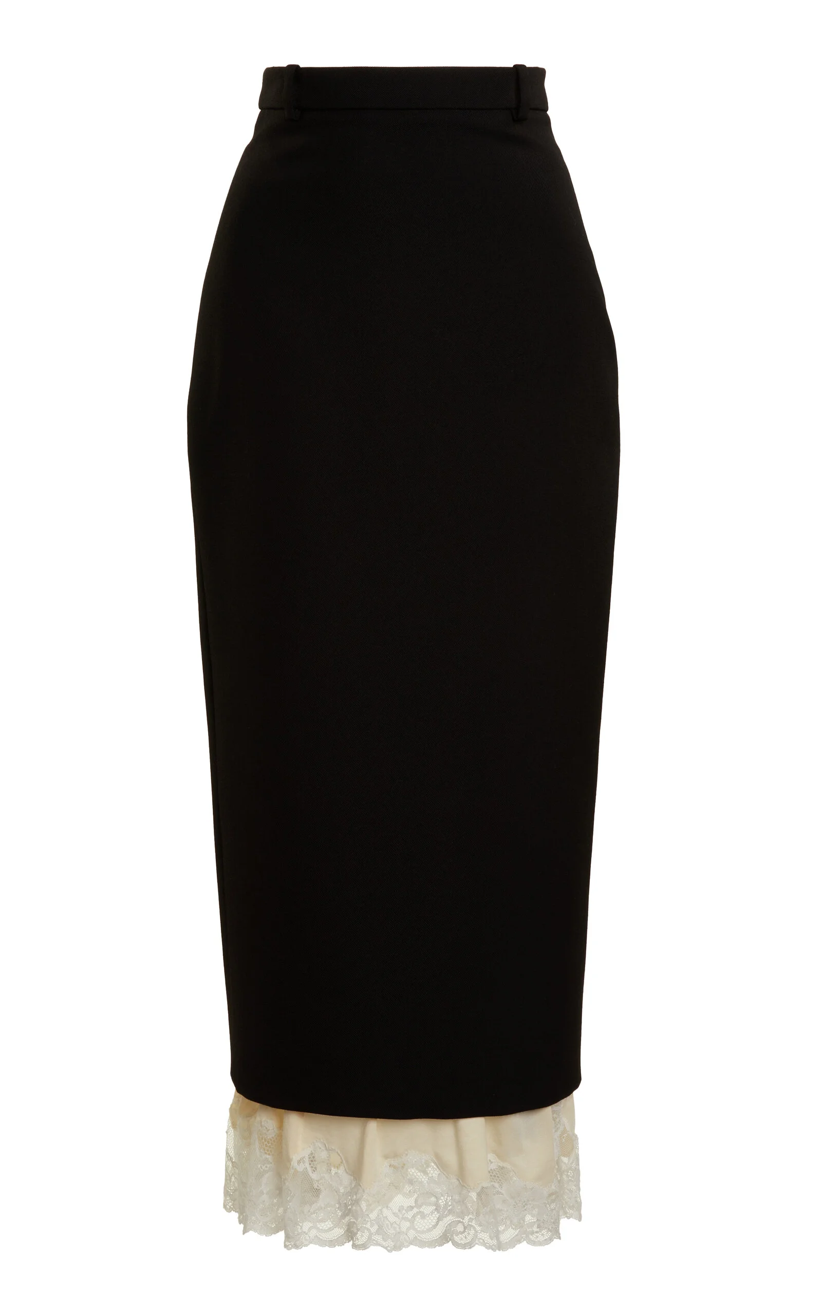 Lace-Trimmed Wool Midi Pencil Skirt black - 1