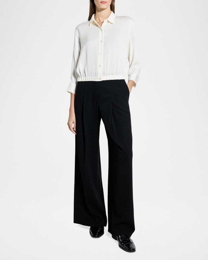 Theory Scrunched-Sleeve Cropped Button-Front Silk Shirt outlook