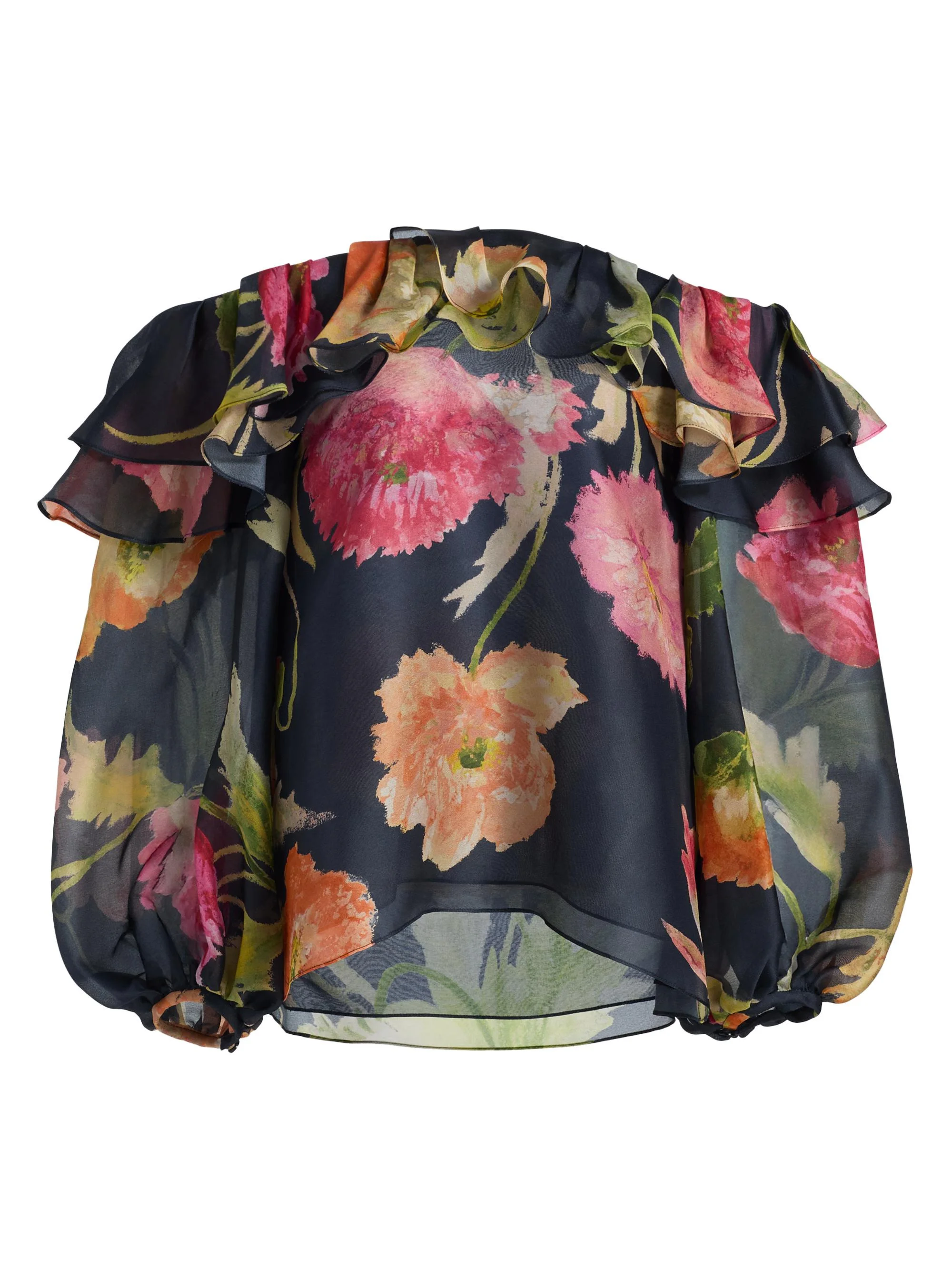 Women's Floral Silk Organza Puff-Sleeve Blouse - Midnight Multi - 1