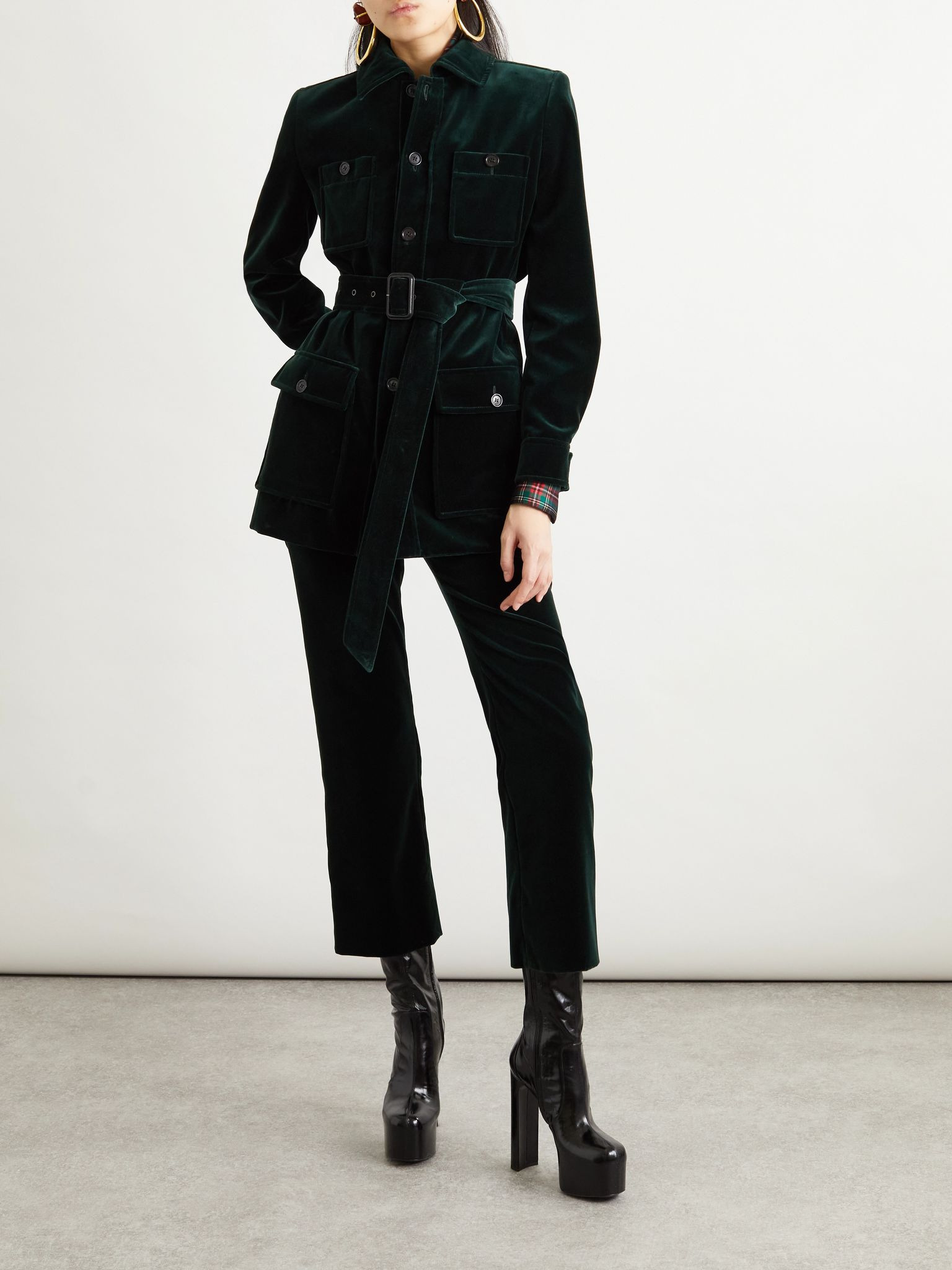 Cropped cotton-velvet slim-leg pants Green - 2