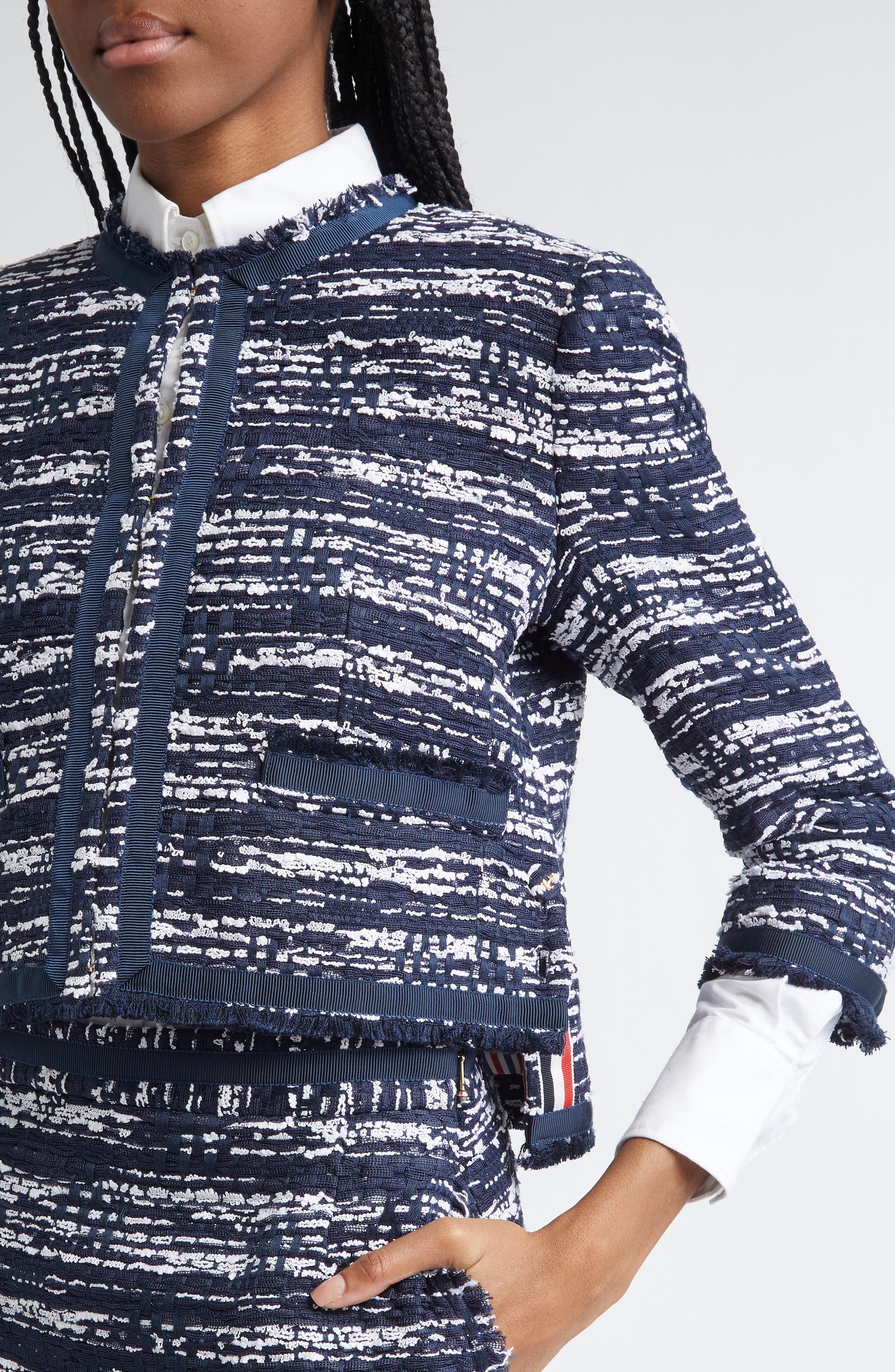 Thom Browne Drop Back Mélange Tulle Yarn Tweed Crop Cardigan Jacket in Navy at Nordstrom - 5