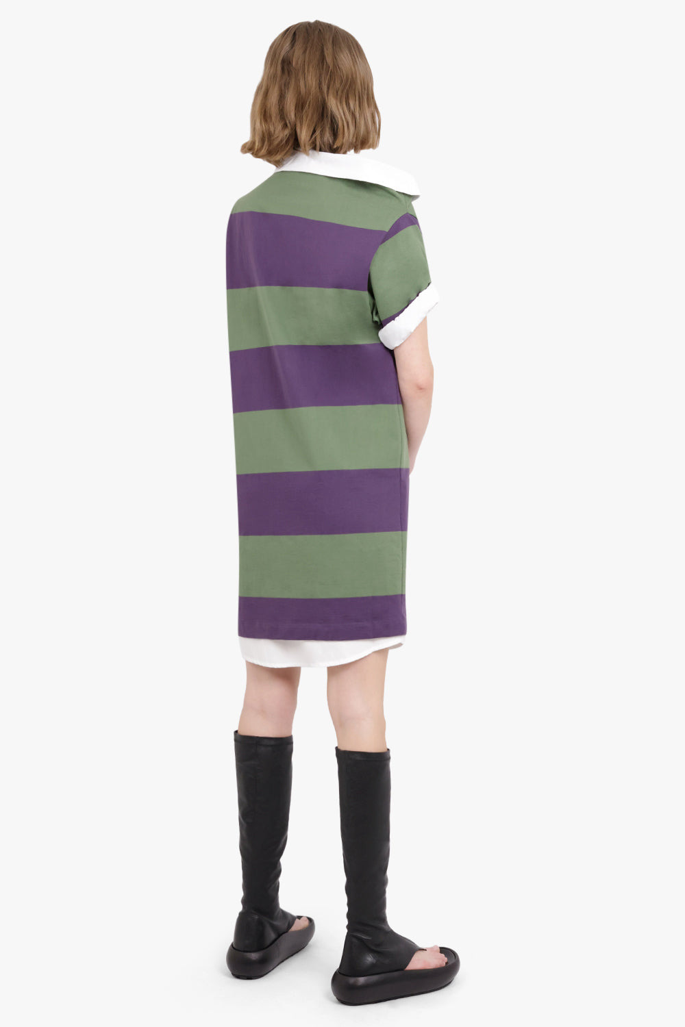 STRIPE ASYMMETRIC NECK SHIRT DETAIL DRESS | DARK PURPLE - 3