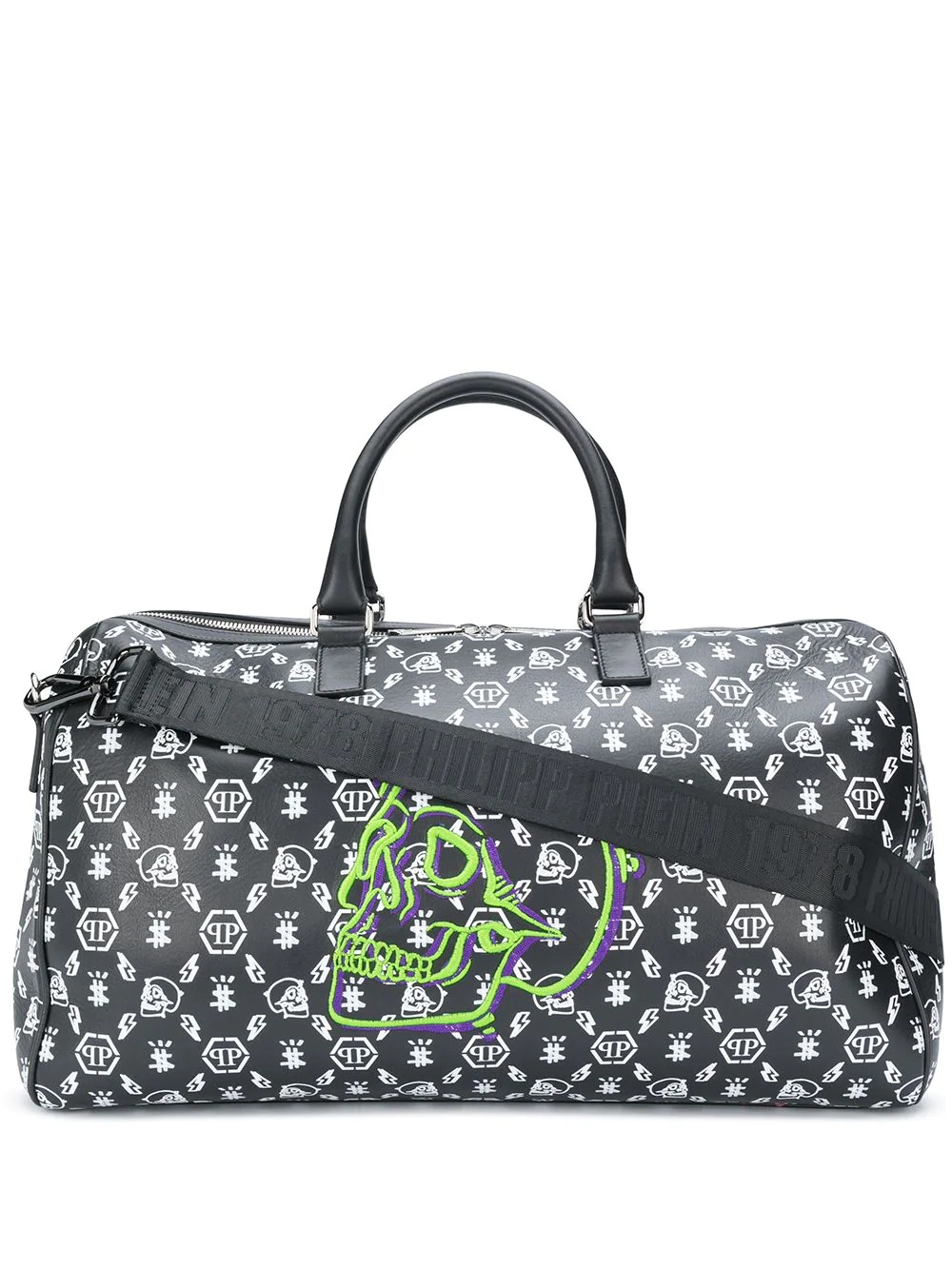 skull-embroidered leather holdall bag - 1