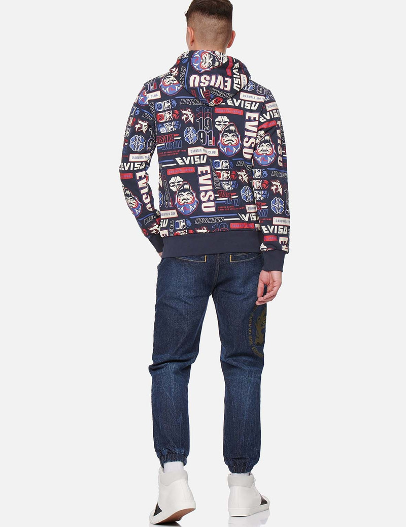 EVISU ALLOVER DARUMA AND SLOGAN PRINT HOODED SWEATSHIRT outlook