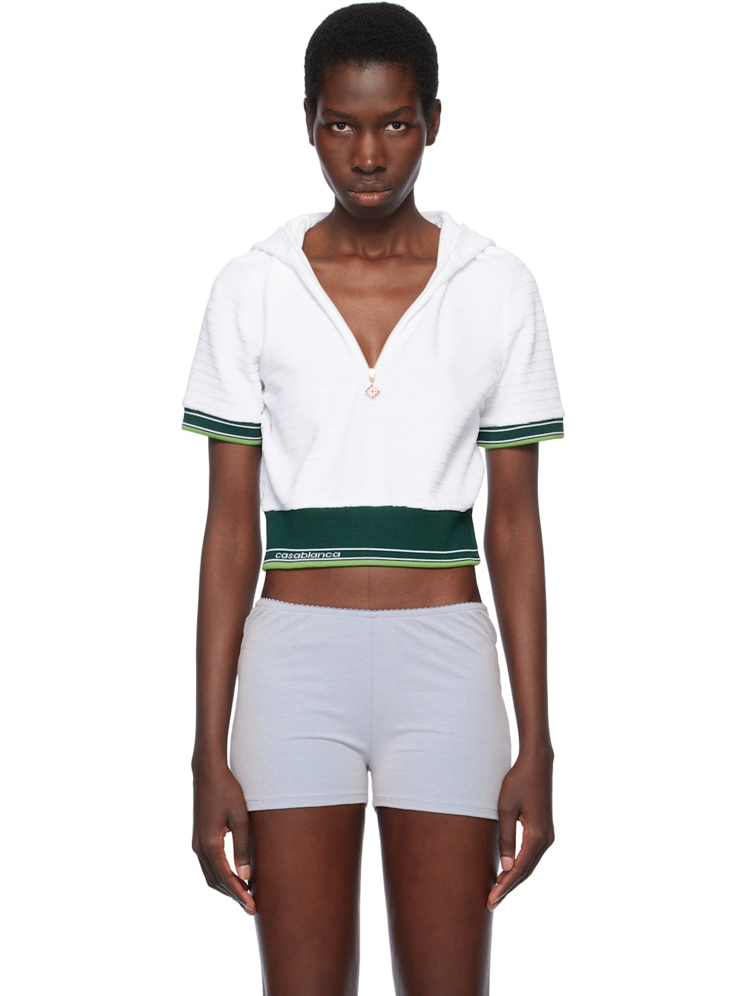 White Textured Velour Tennis Cropped Hooded T-shirt - 1