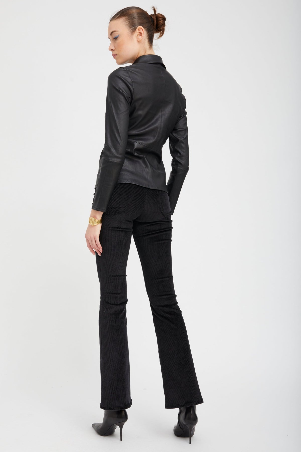 BLACK LEATHER FITTED BUTTON DOWN - 6
