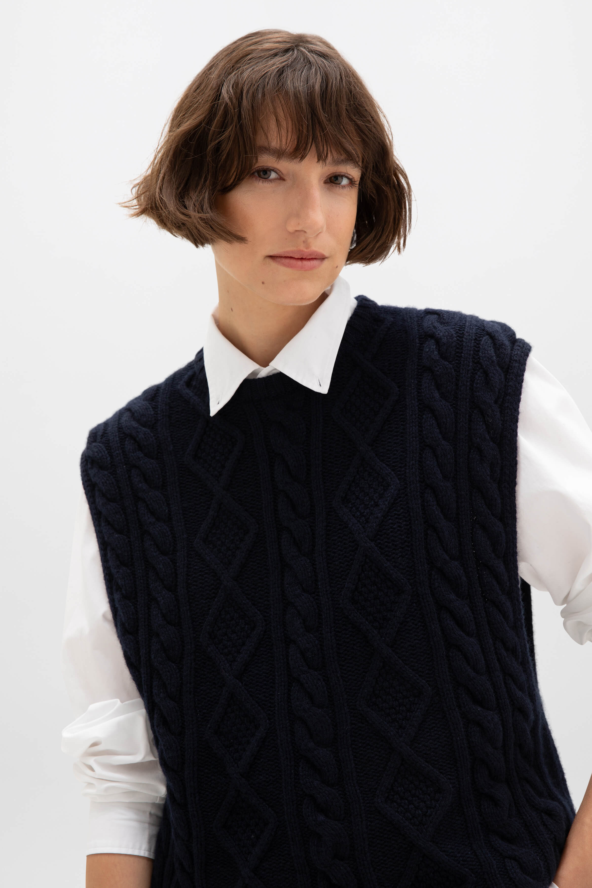 Aran Cable Knit Navy Cashmere Tank - 3