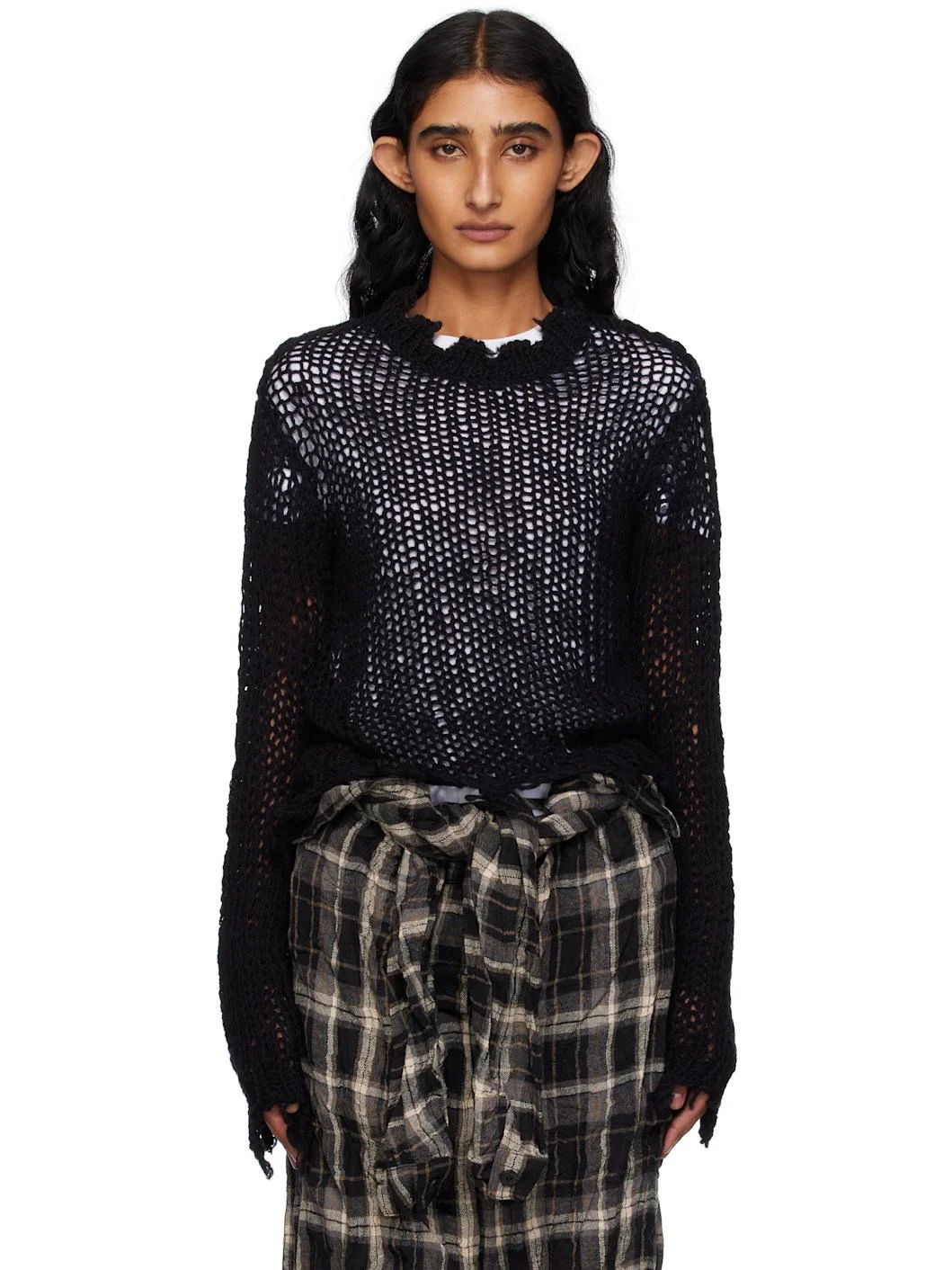 Black Distressed Crop Knit Sweater - 1