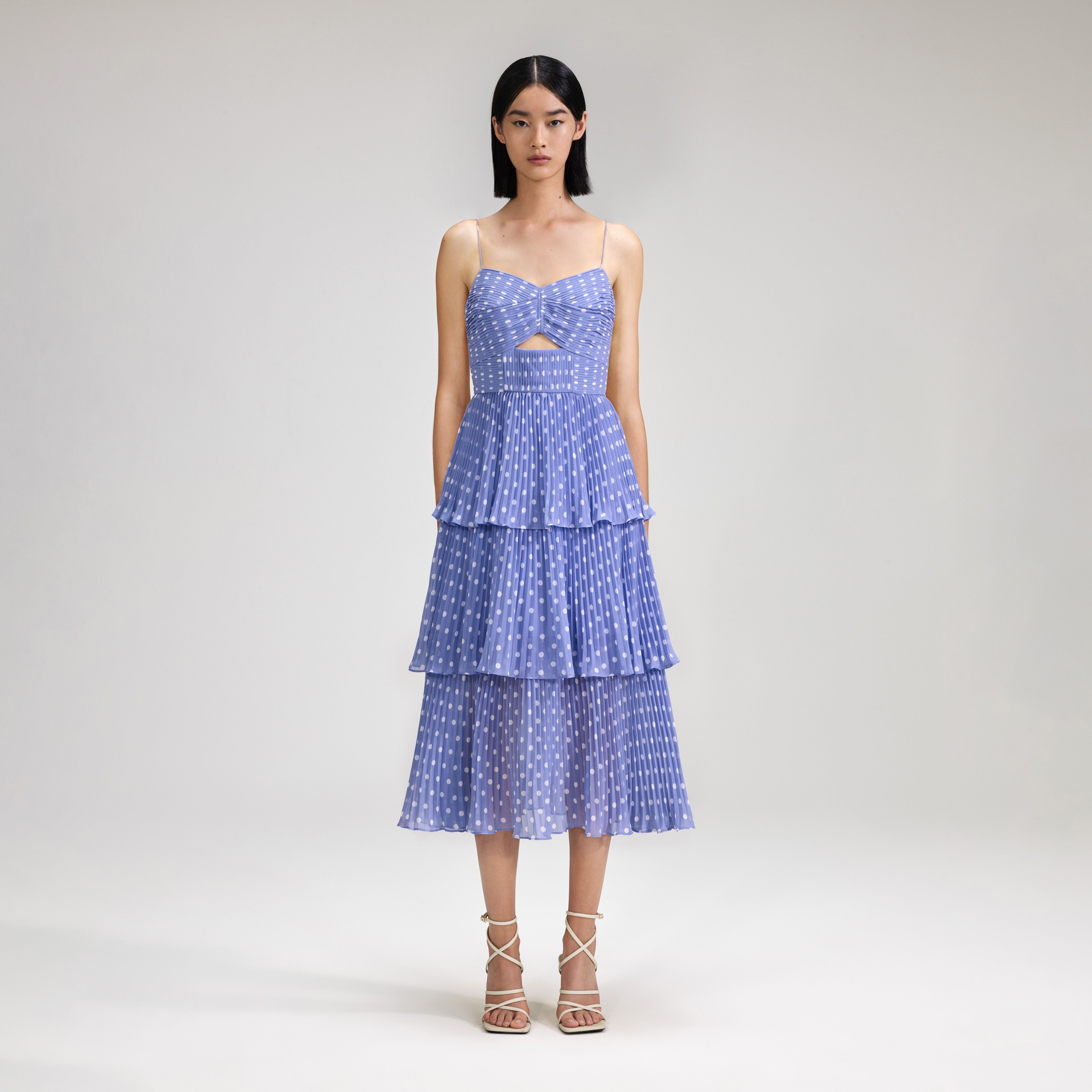 Lilac Polka Dot Tiered Chiffon Midi Dress - 1