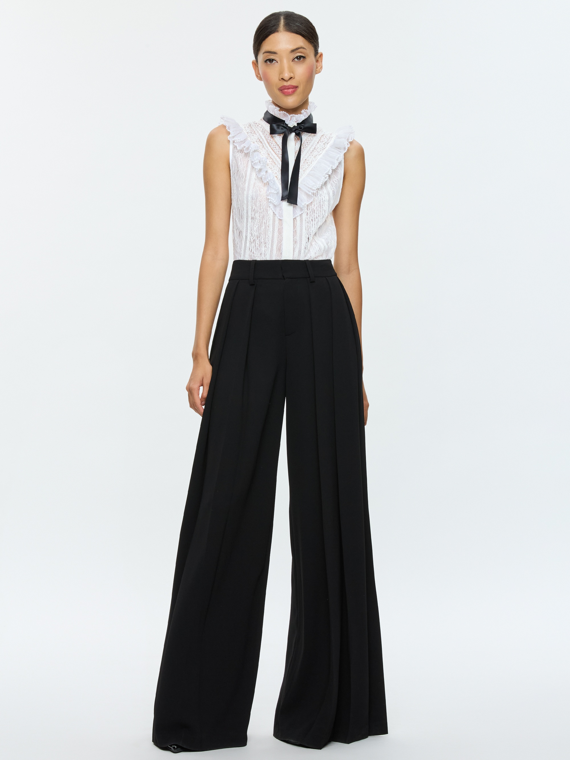 RHEBA MOCK NECK SLEEVELESS RUFFLE BLOUSE WITH BOW - 6