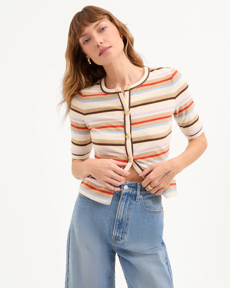 VERONICA BEARD BRENDAN STRIPED SHORT-SLEEVE CARDIGAN outlook