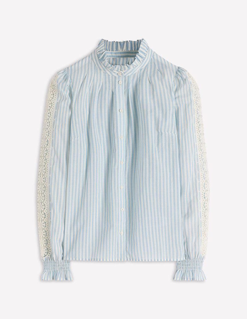 Lorna Pleated Cotton Top-Blue and Ivory Stripe 1