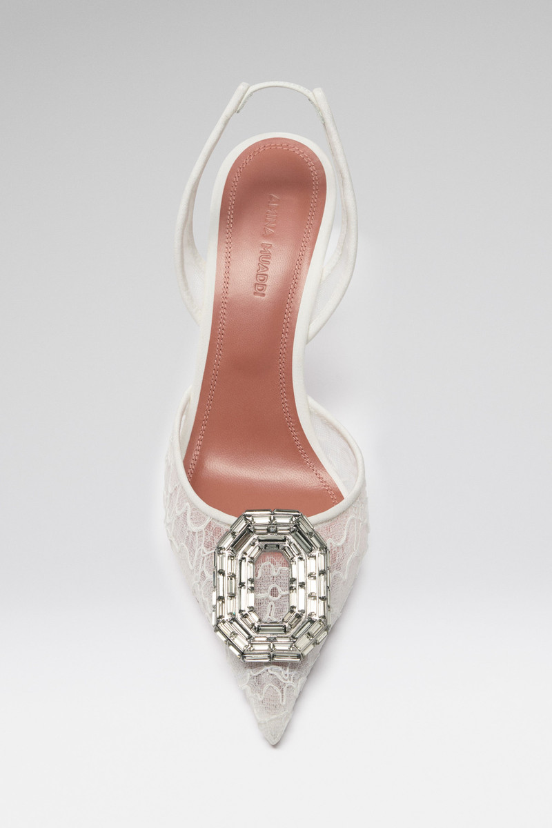 Amina Muaddi CAMELIA LACE SLING IVORY LACE AND ANTIQUE BUCKLE outlook