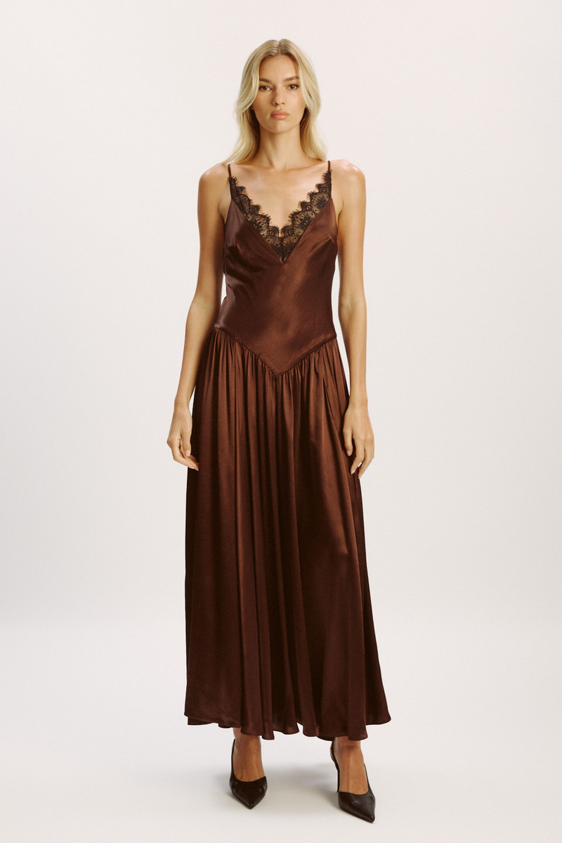 BARDOT Aderia Lace Detail Maxi Dress In Dark Chocolate outlook
