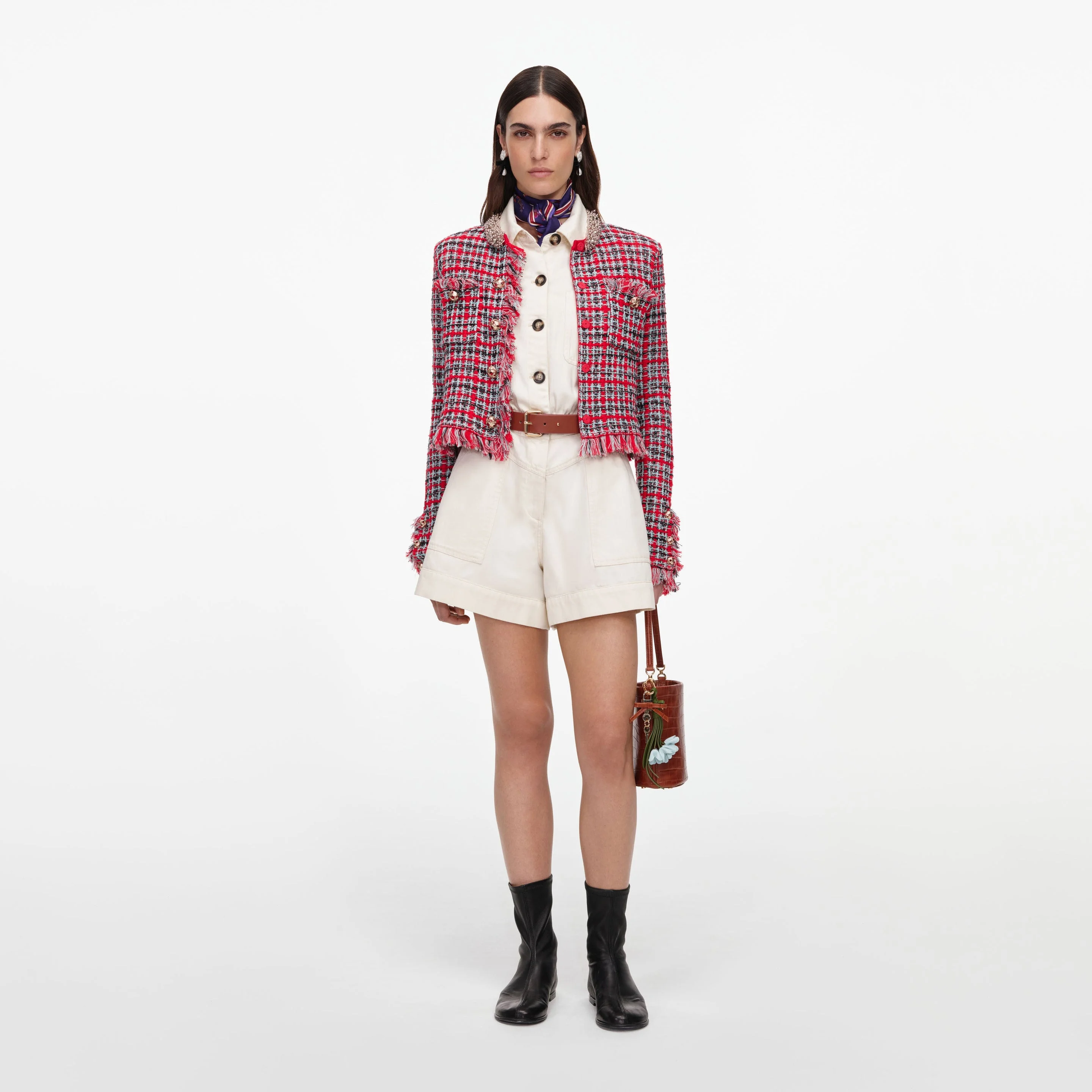 Red Check Frayed Knit Jacket - 1
