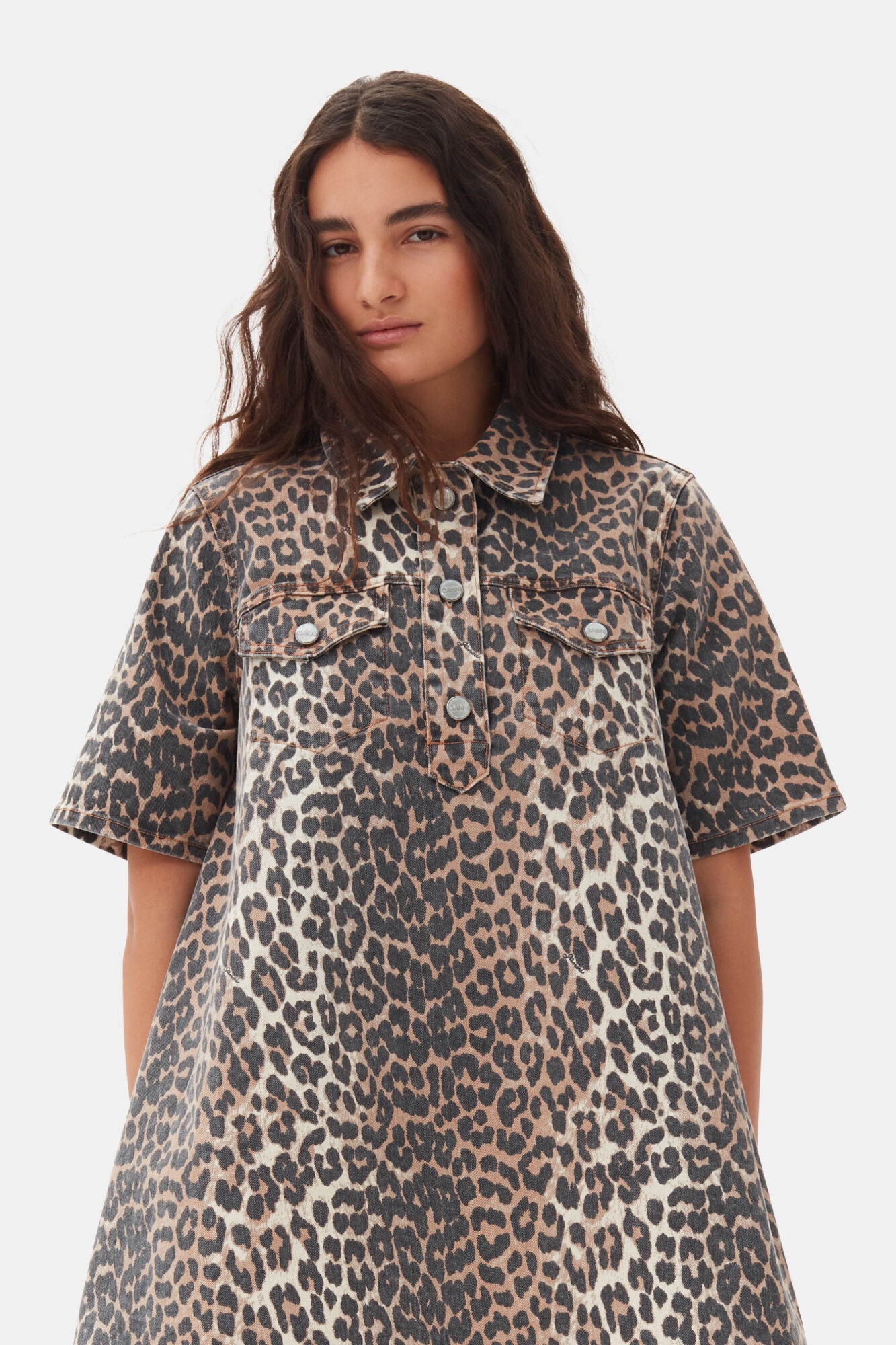 LEOPARD PRINTED DENIM MINI DRESS - 3