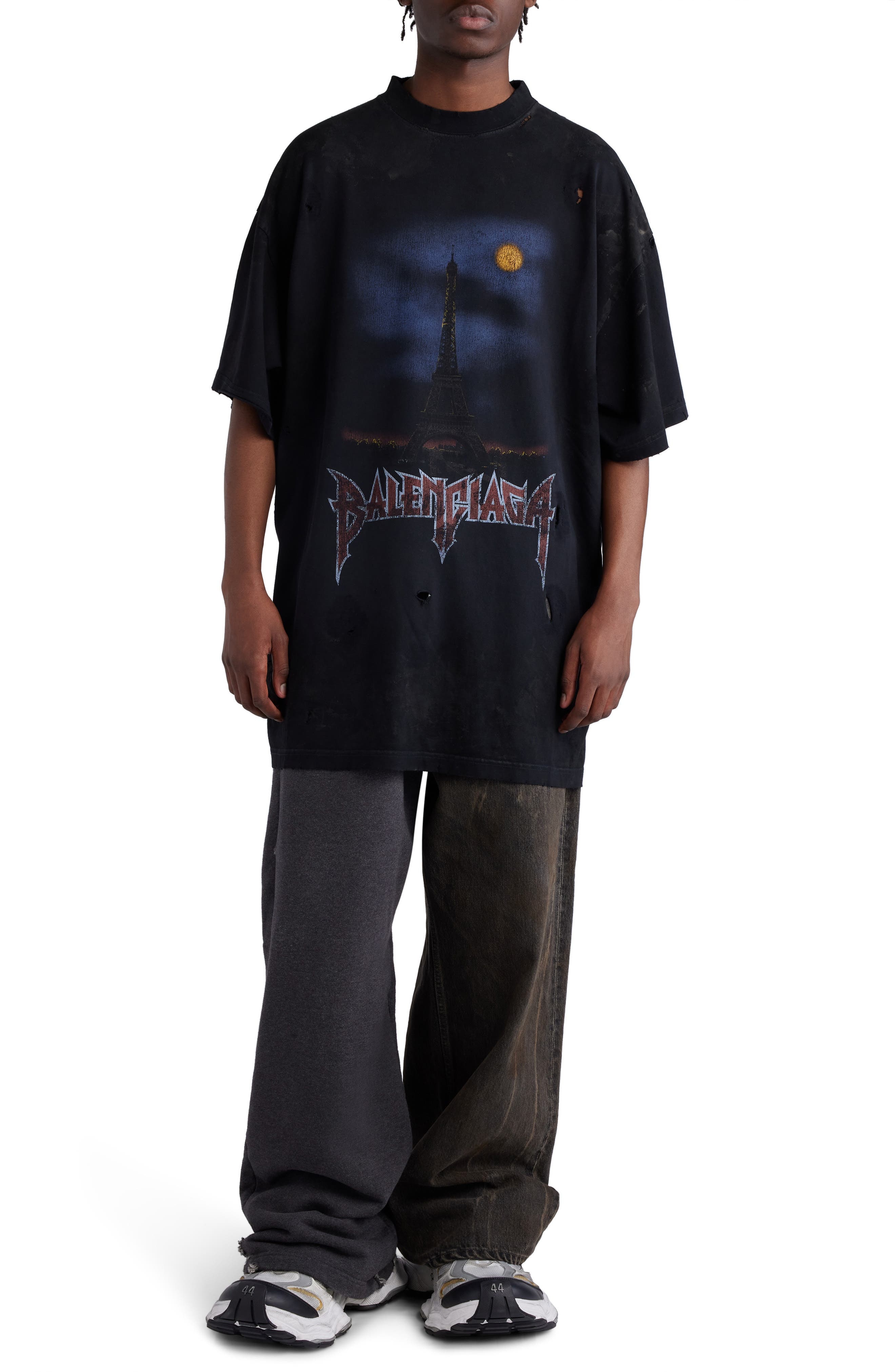 Paris Moon Oversize Distressed Cotton Graphic T-Shirt - 1