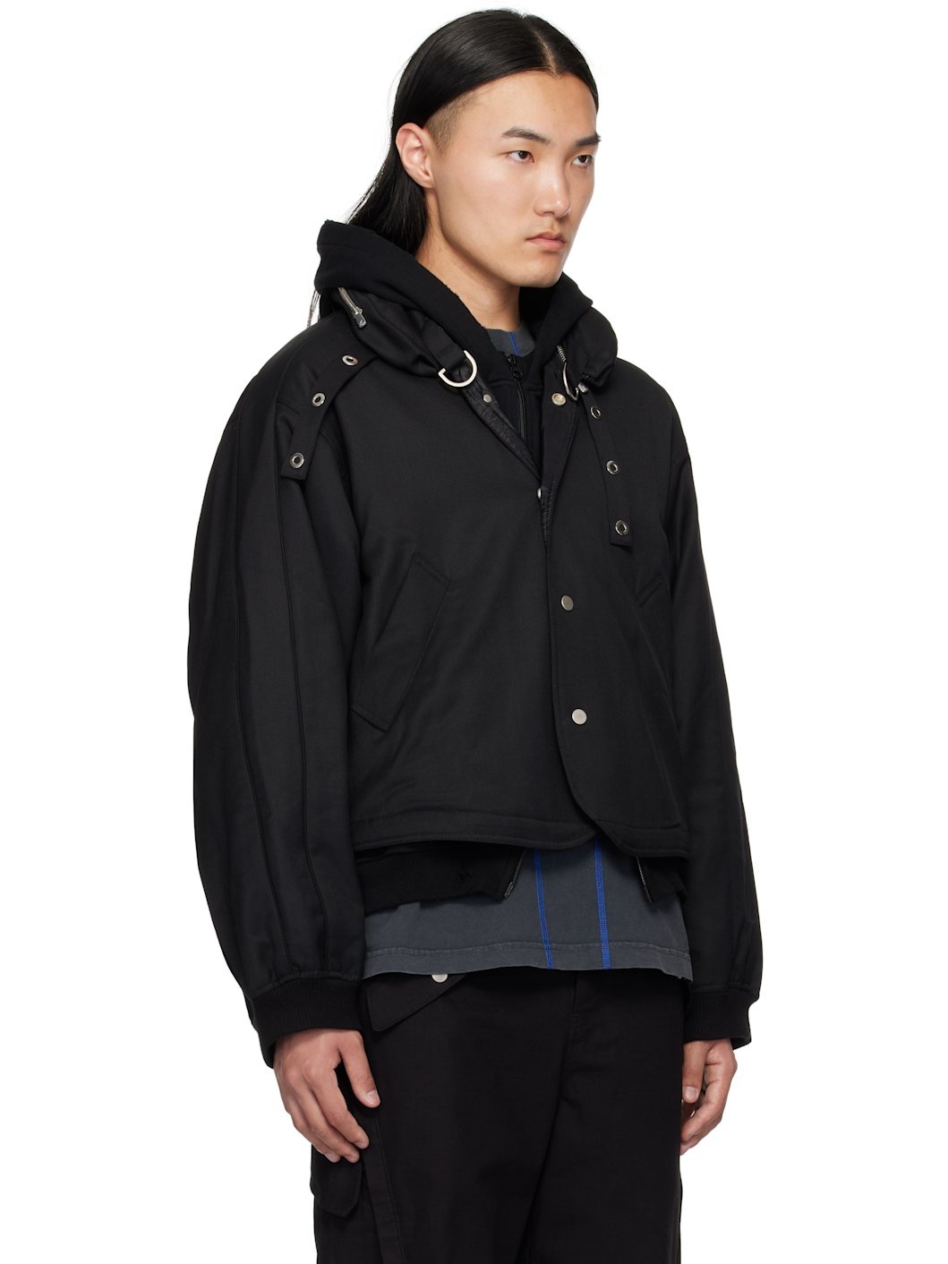 Black Damaged Round Hem Curved Zip-Up Hoodie - 2