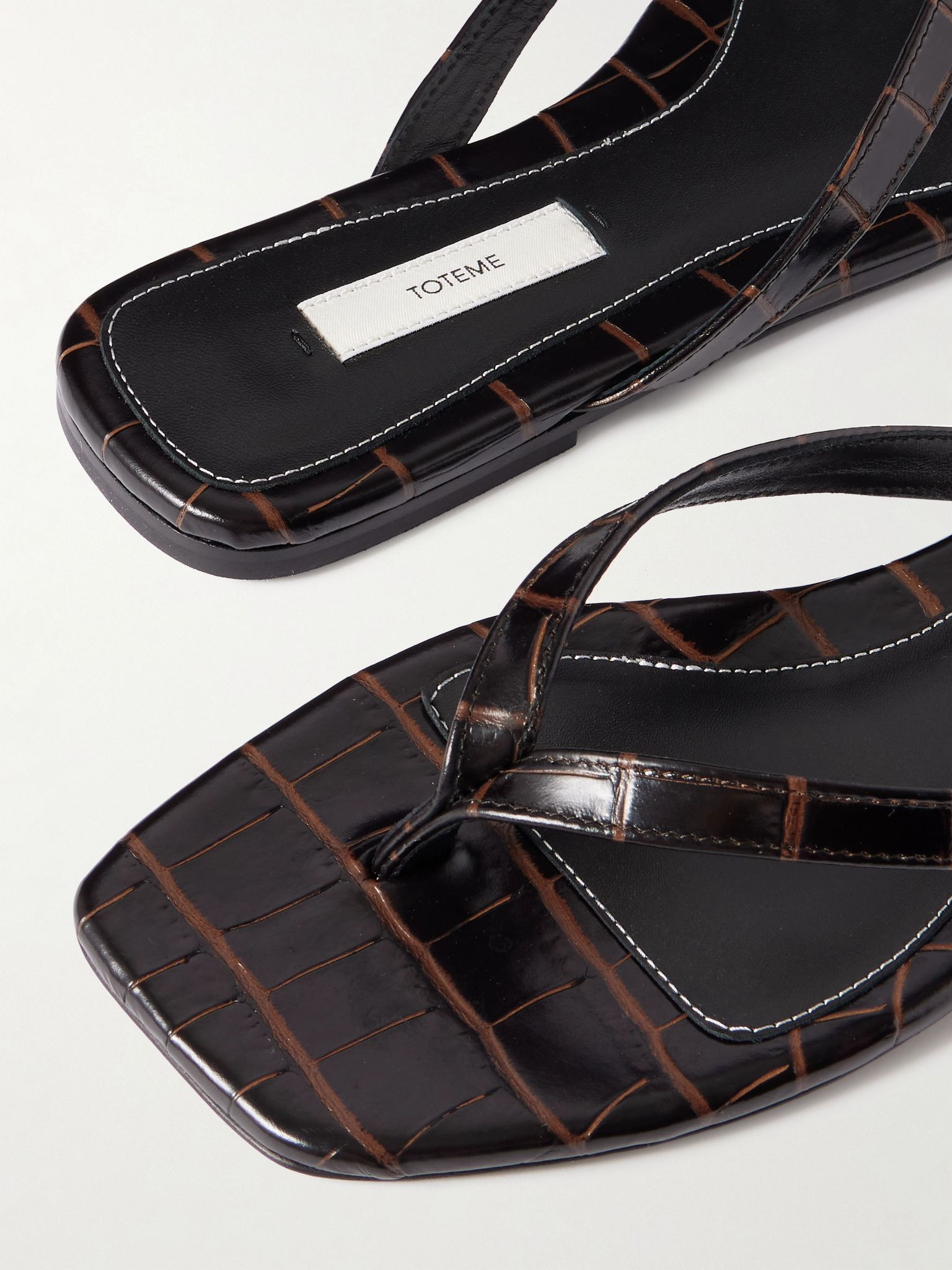 Croc-effect leather flip flops Dark brown - 4