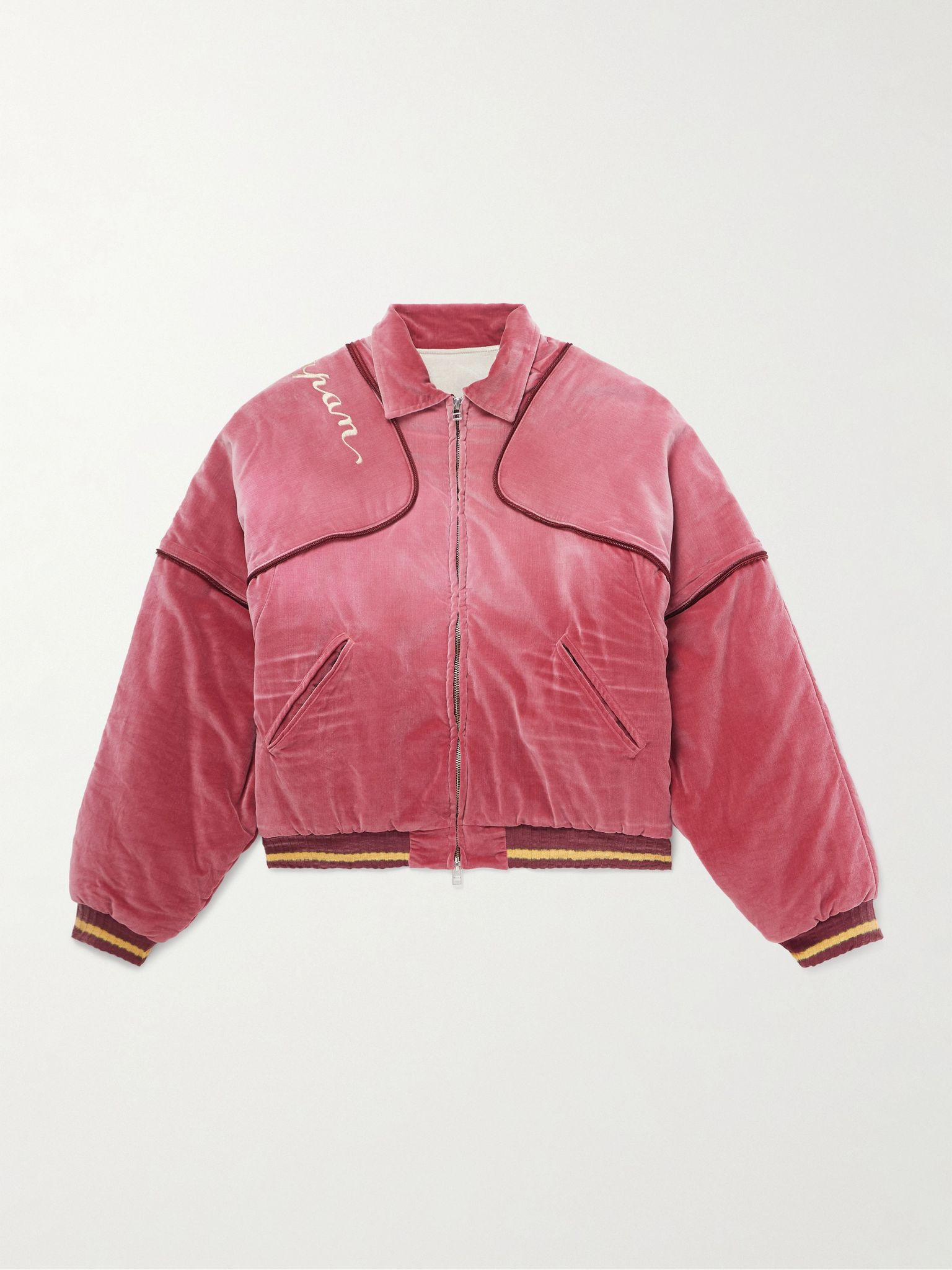 Logo-Embroidered Zip-Detailed Cotton-Velvet Bomber Jacket Pink - 1