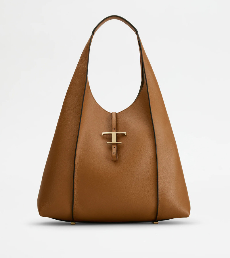 T TIMELESS HOBO BAG IN LEATHER LARGE - BROWN - 1
